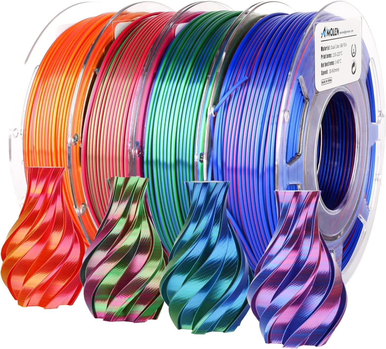 AMOLEN Silk PLA 3D Printer Filament Bundle, Shiny Dual Color Filament 1.75mm Pack, Multi Color Change 3D Printing Filament for Most FDM 3D Printer, 4 Spools 200g Each Dual Red Gold/Red Green/Red Blue/Blue Green