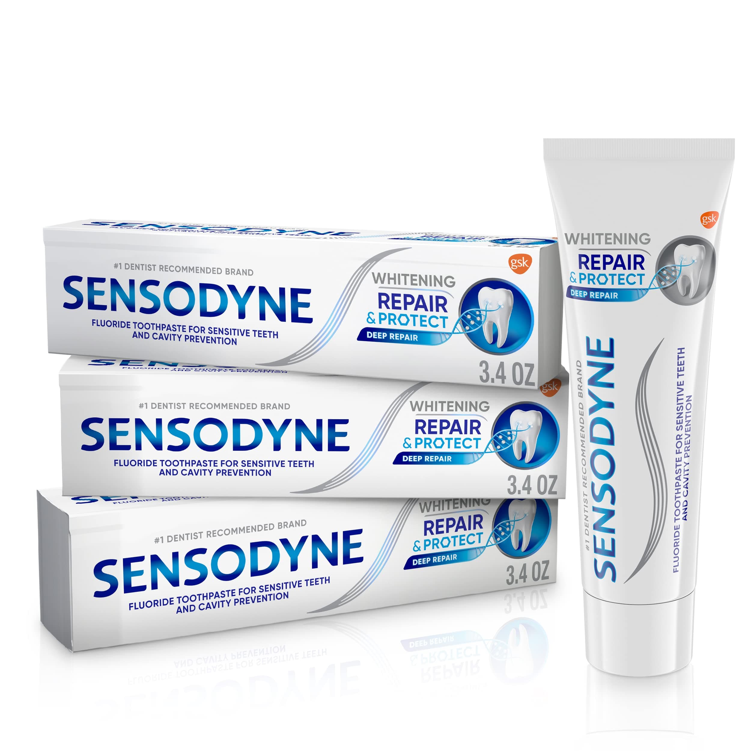 Sensodyne Repair and Protect Whitening Toothpaste, Toothpaste for Sensitive Teeth and Cavity Prevention, 3.4 oz (Pack of 3) Whitening 3.4 Ounce (Pack of 3)