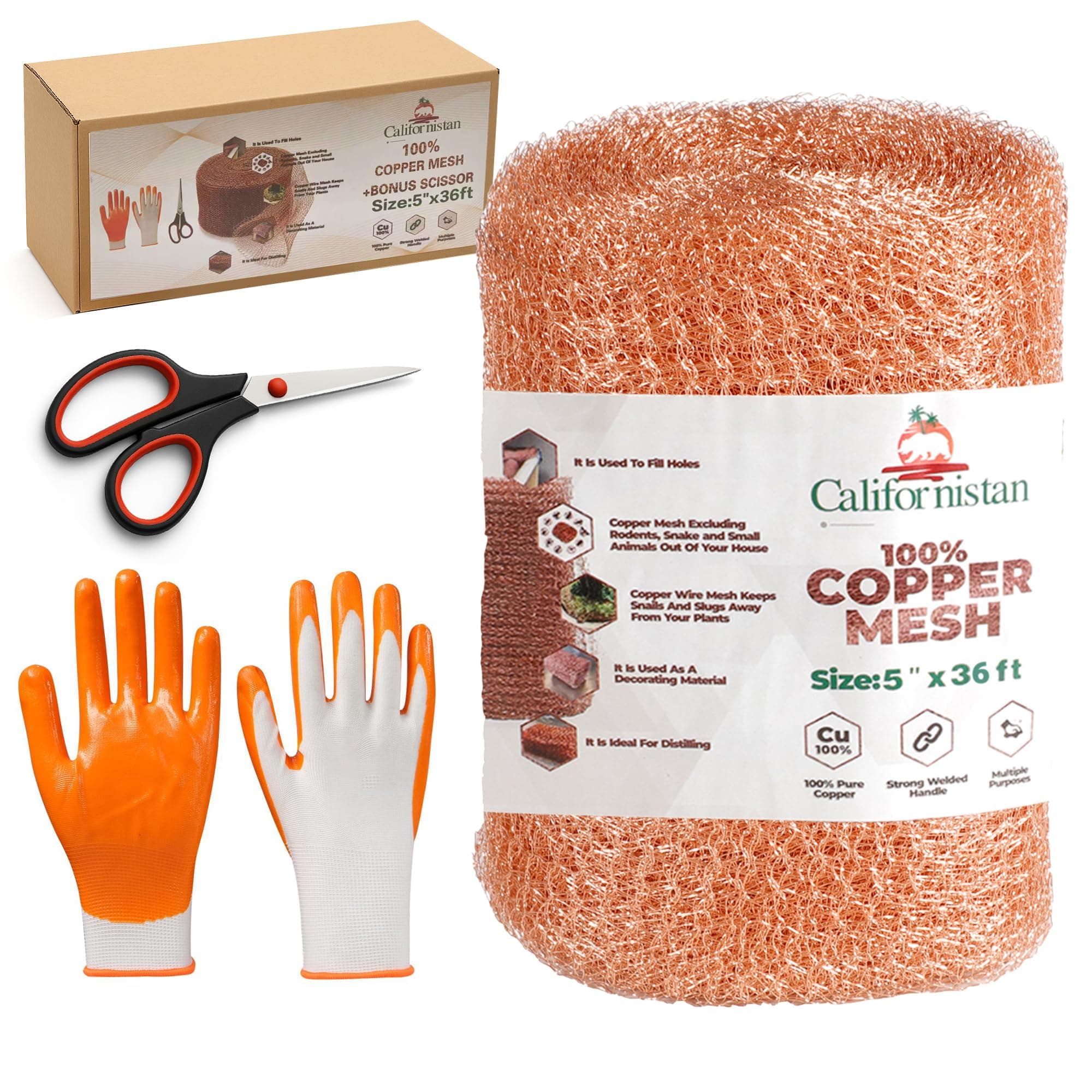 Copper Mesh Rodent Control, 5in x 36ft- Rustproof Copper Mesh Roll for Rodent, Bat & Snail - Perfect for Hole Blocking, Gardening & Sealing Water Opening - Plus Bonus Scissor & Gloves 1 5in x 36ft