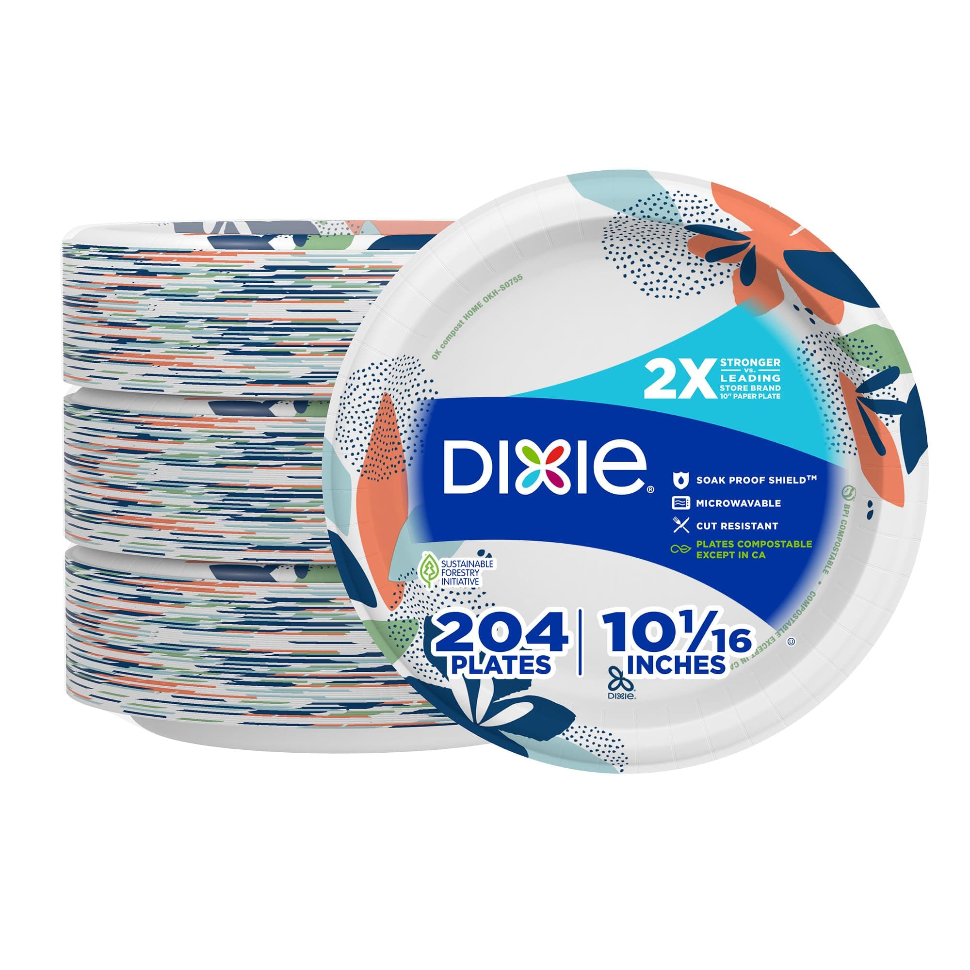 Dixie Large Paper Plates, 10 Inch, 204 Count, 2X Stronger*, Microwave-Safe, Soak-Proof, Cut Resistant, Disposable Plates For Everyday Breakfast, Lunch, & Dinner Meals 204 Count (Pack of 1)