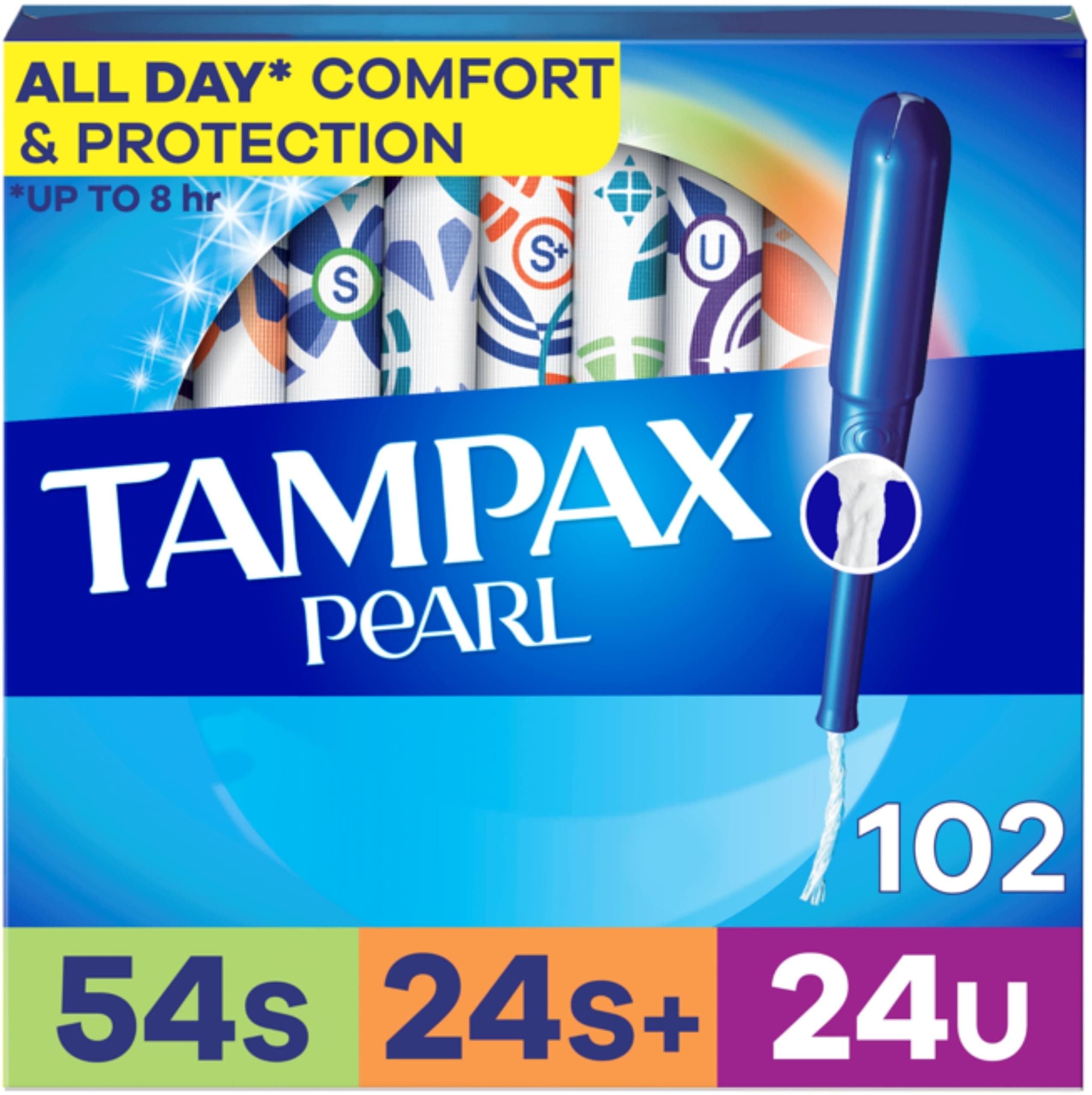 Tampax Pearl Tampons for Women Multipack, with LeakGuard Braid, Super/Super Plus/Ultra Absorbency, Unscented, 102 Count (3 Packs of 34)