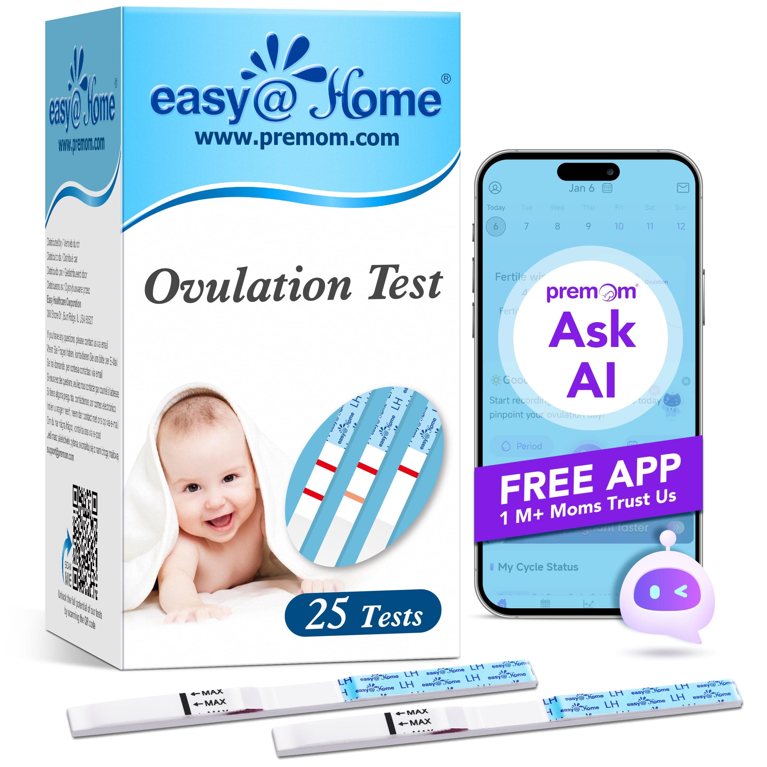 Easy@Home Ovulation Test Strips, 25 Pack Fertility Tests, Ovulation Predictor Kit, Powered by Premom Ovulation Predictor iOS and Android App, 25 LH Strips 25 Count (Pack of 1)