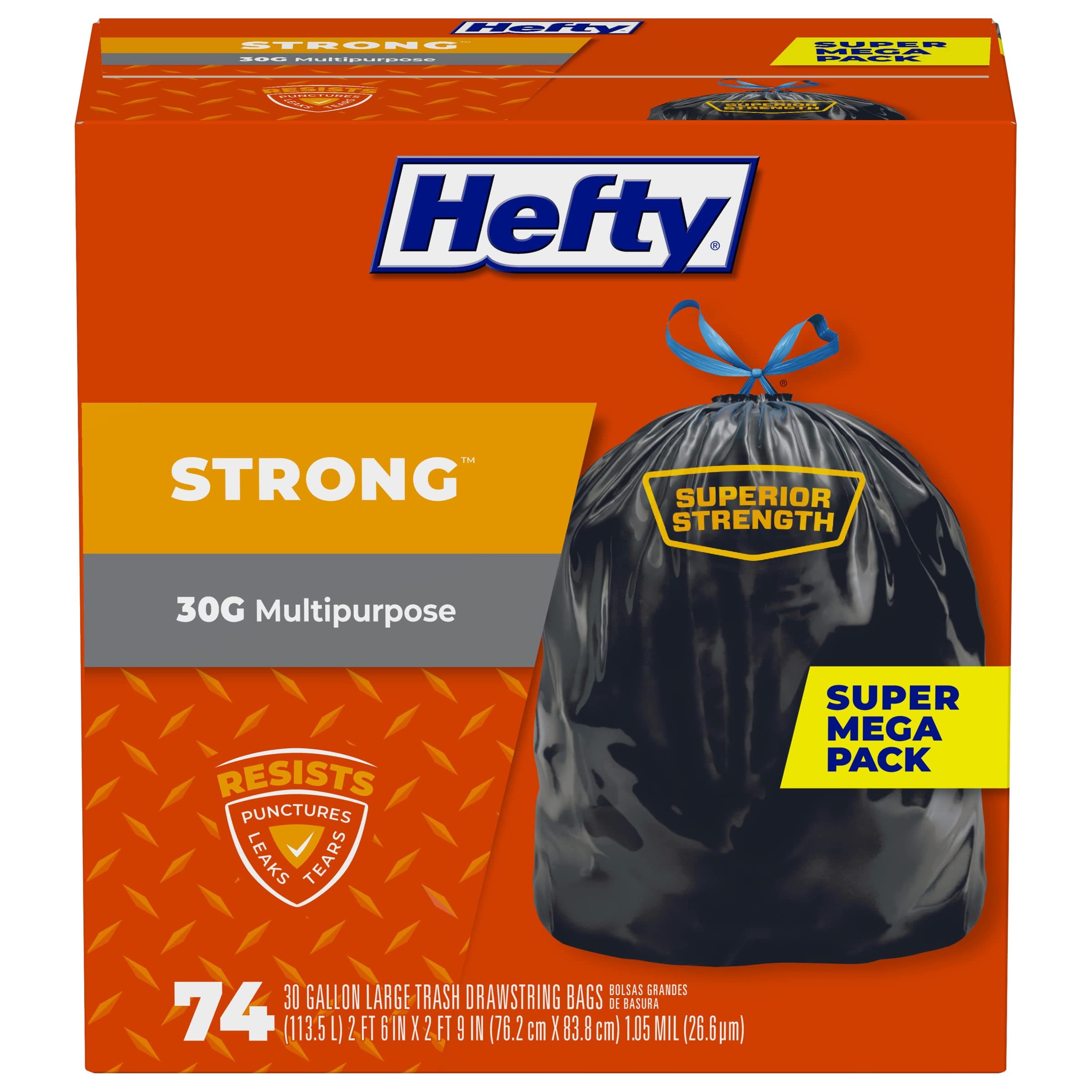 Hefty Strong Large Trash Bags, Black, 30 Gallon, 74 Count 74 count (Pack of 1)