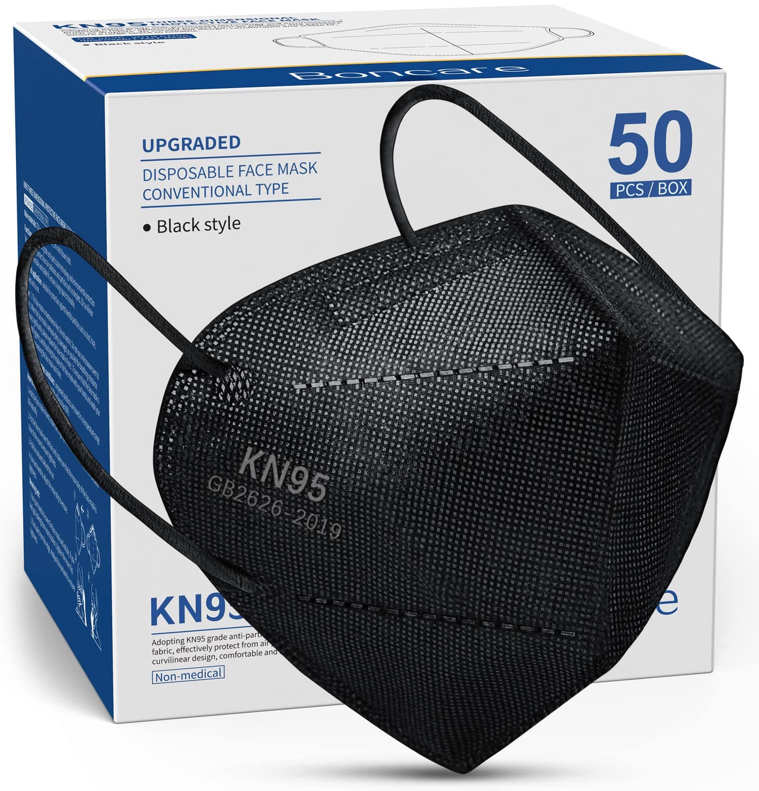 Boncare KN95 Face Masks 50 Pack, Black, 5-Layer Disposable Face Masks, Breathable and Comfortable Black-50pcs