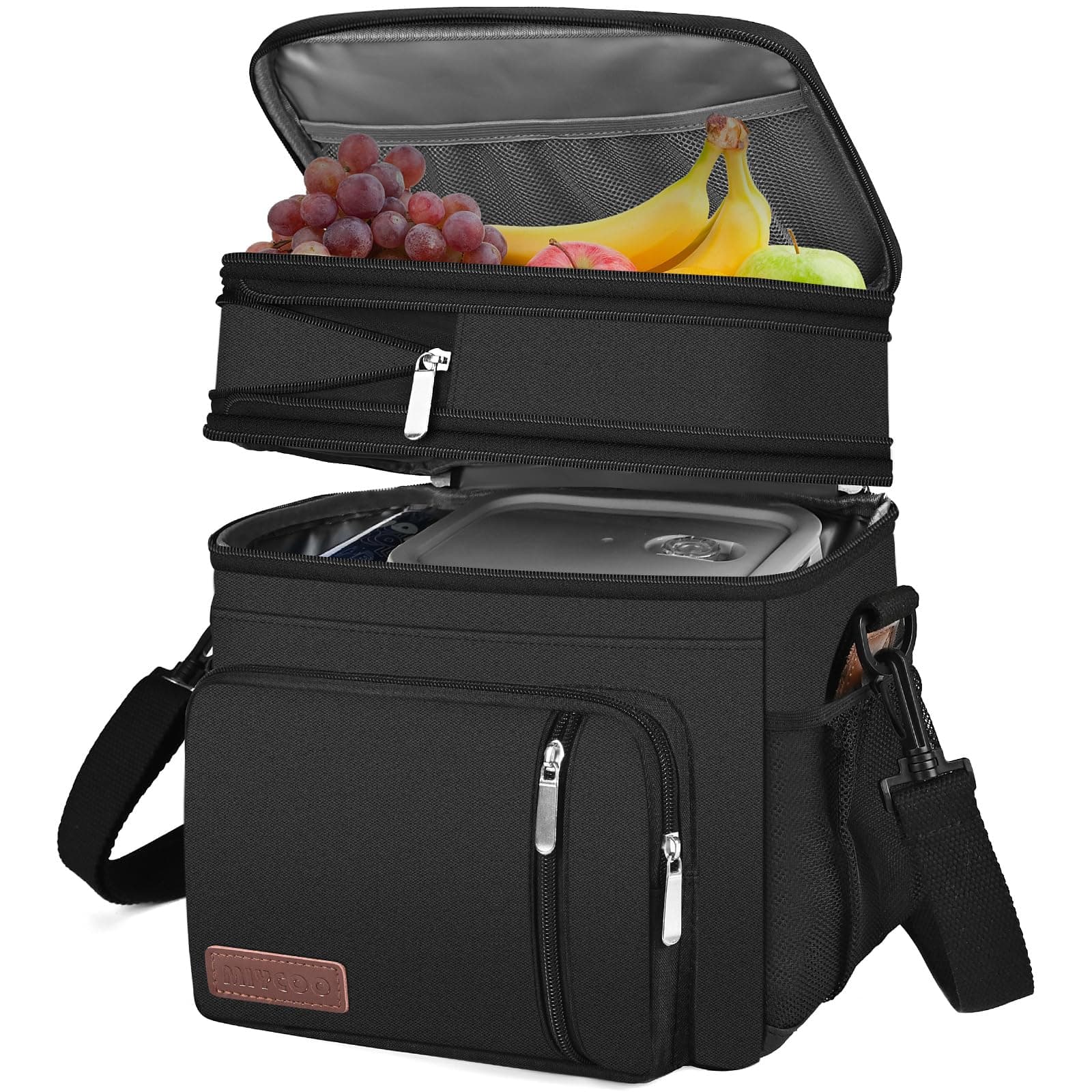 MIYCOO Lunch Bag & Lunch Box for Men Women, Double Deck Leakproof Insulated Soft Large Adult Camping Cooler bag for Work, Beach, Picnic, Travel (Black, 15L) Black 15L