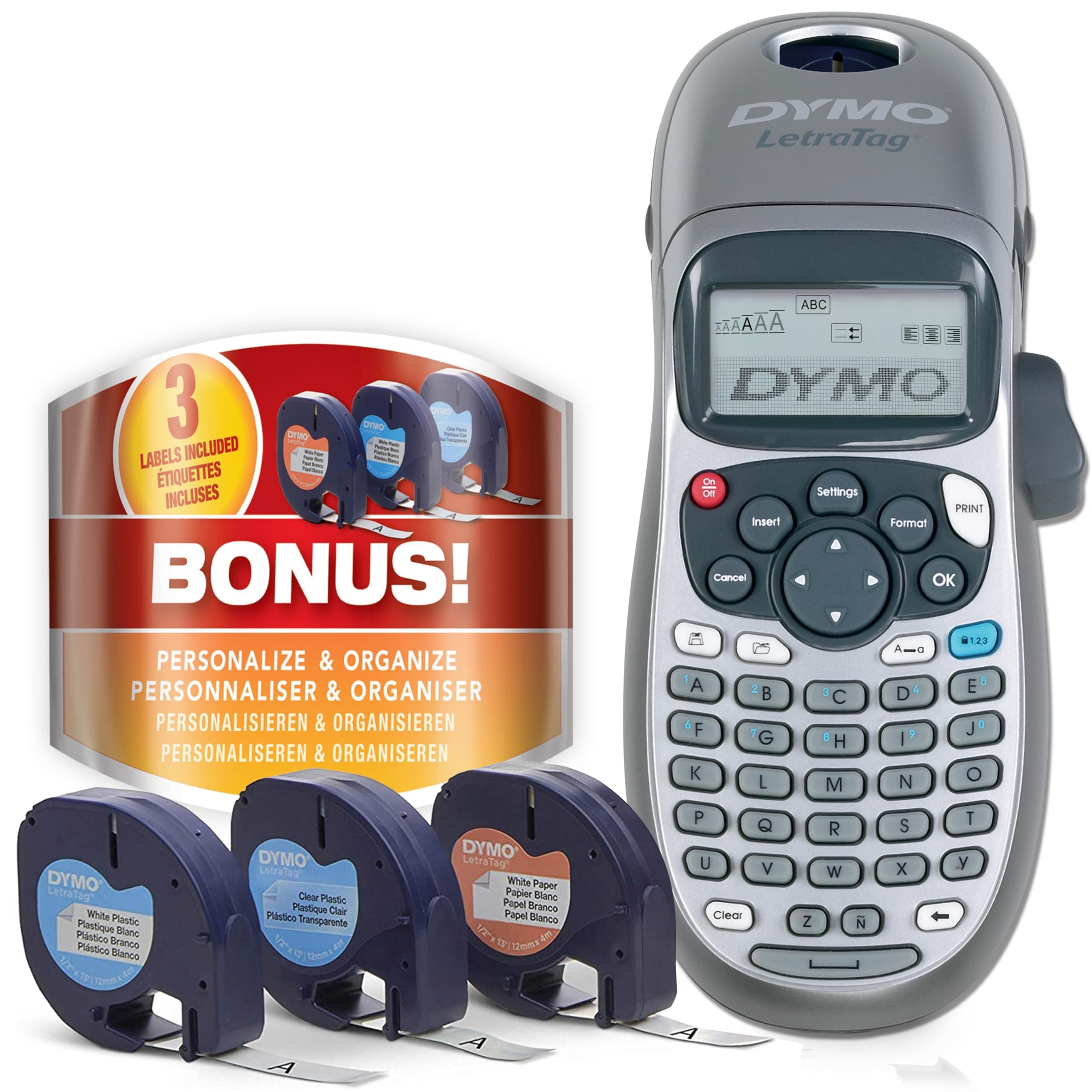 DYMO Label Maker Machine with Tape - 100H LetraTag Handheld, Comes with 3 LT label tapes. Great for Home & Office Organization Machine + 3 Tapes