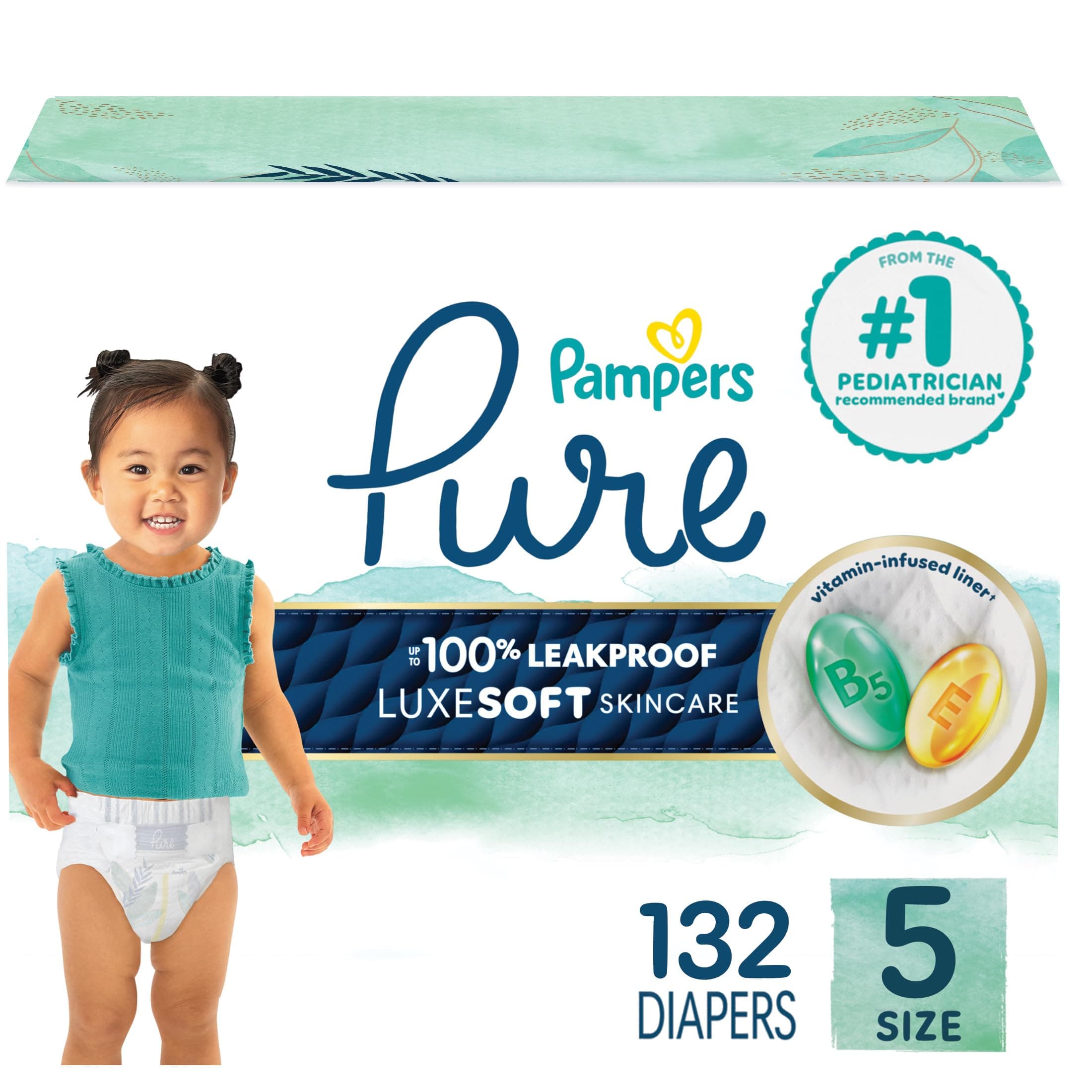 Pampers Pure Protection Baby Diapers, Size 5 (27+ lbs), 132 Count, Up to 100% Leakproof, Premium Plant-based Skin Protection, Hypoallergenic Soft Diapers Size 5 132