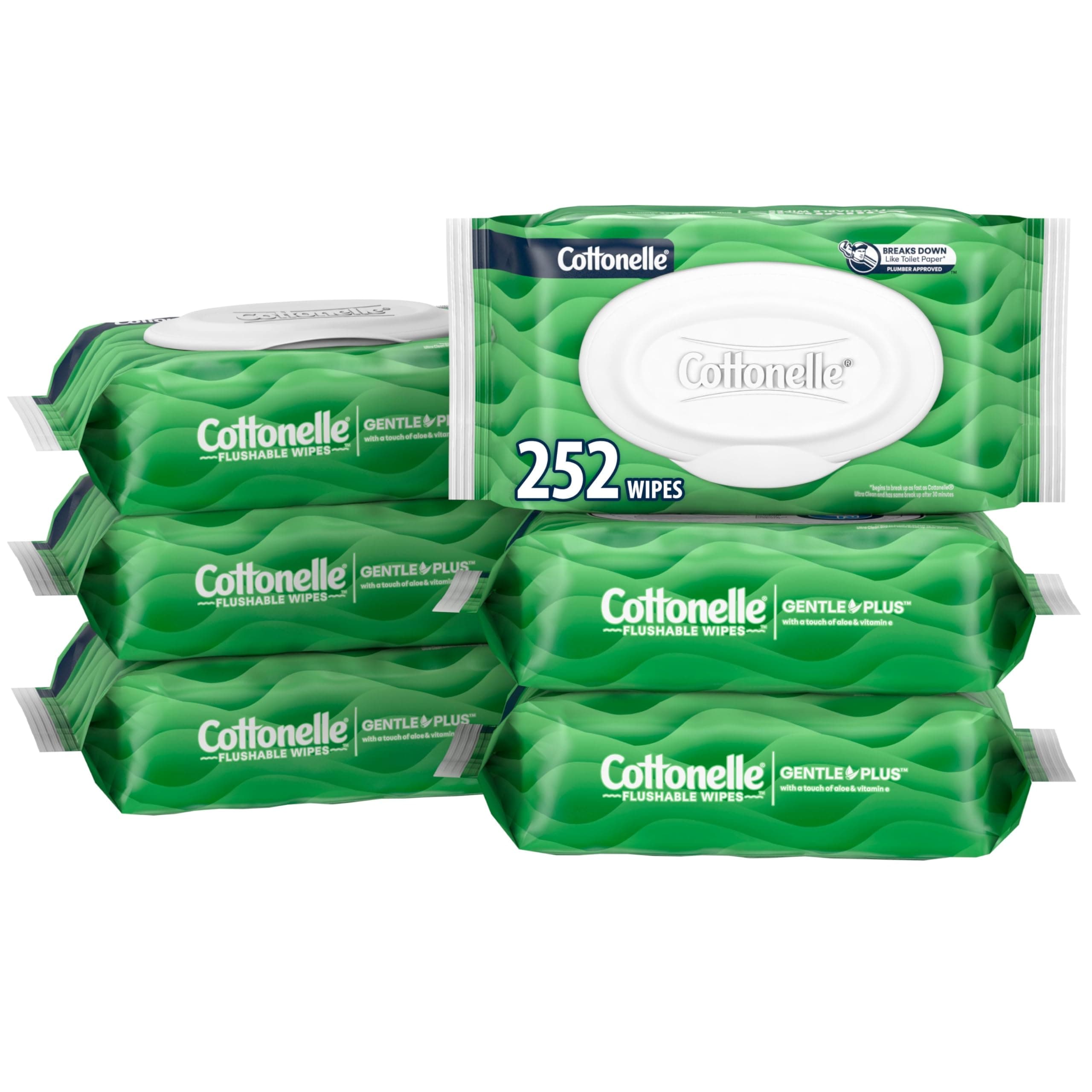 Cottonelle GentlePlus Flushable Wet Wipes with Aloe & Vitamin E, 6 Flip-Top Packs, 42 Wipes Per Pack (252 Total Wipes), Packaging May Vary 42 Count (Pack of 6) Flip-Top Pack