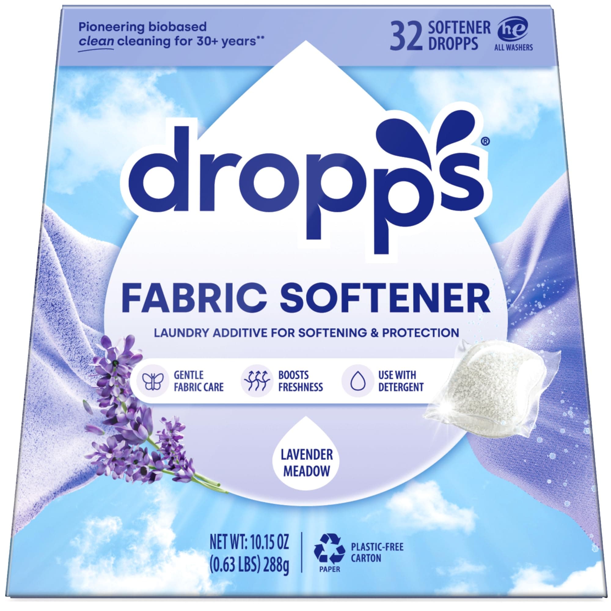 Dropps Laundry Fabric Softener Pods, Lavender Meadow (32 Pods) - Laundry Additive for Softening & Protection - HE Compatible Mineral Based Ingredients Laundry Supplies Lavender Meadow 32 Count (Pack of 1)