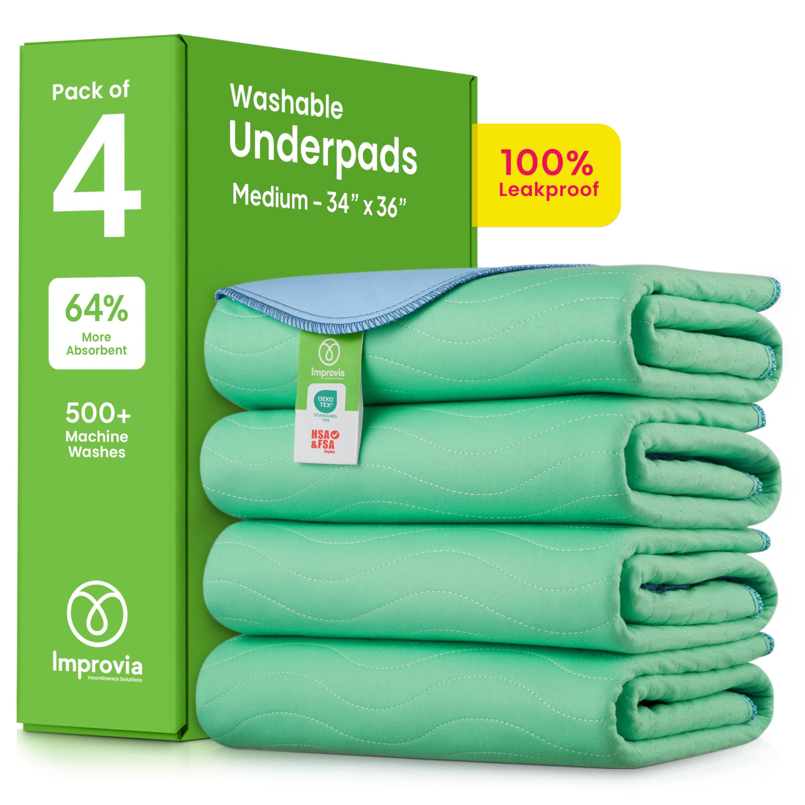 IMPROVIA® Washable Underpads, 34" x 36" (Pack of 4) - Heavy Absorbency Reusable Bedwetting Incontinence Pads for Kids, Adults, Elderly, and Pets - Waterproof Protective Pad for Bed, Couch, Sofa, Floor Green 34"x36" (Pack of 4)