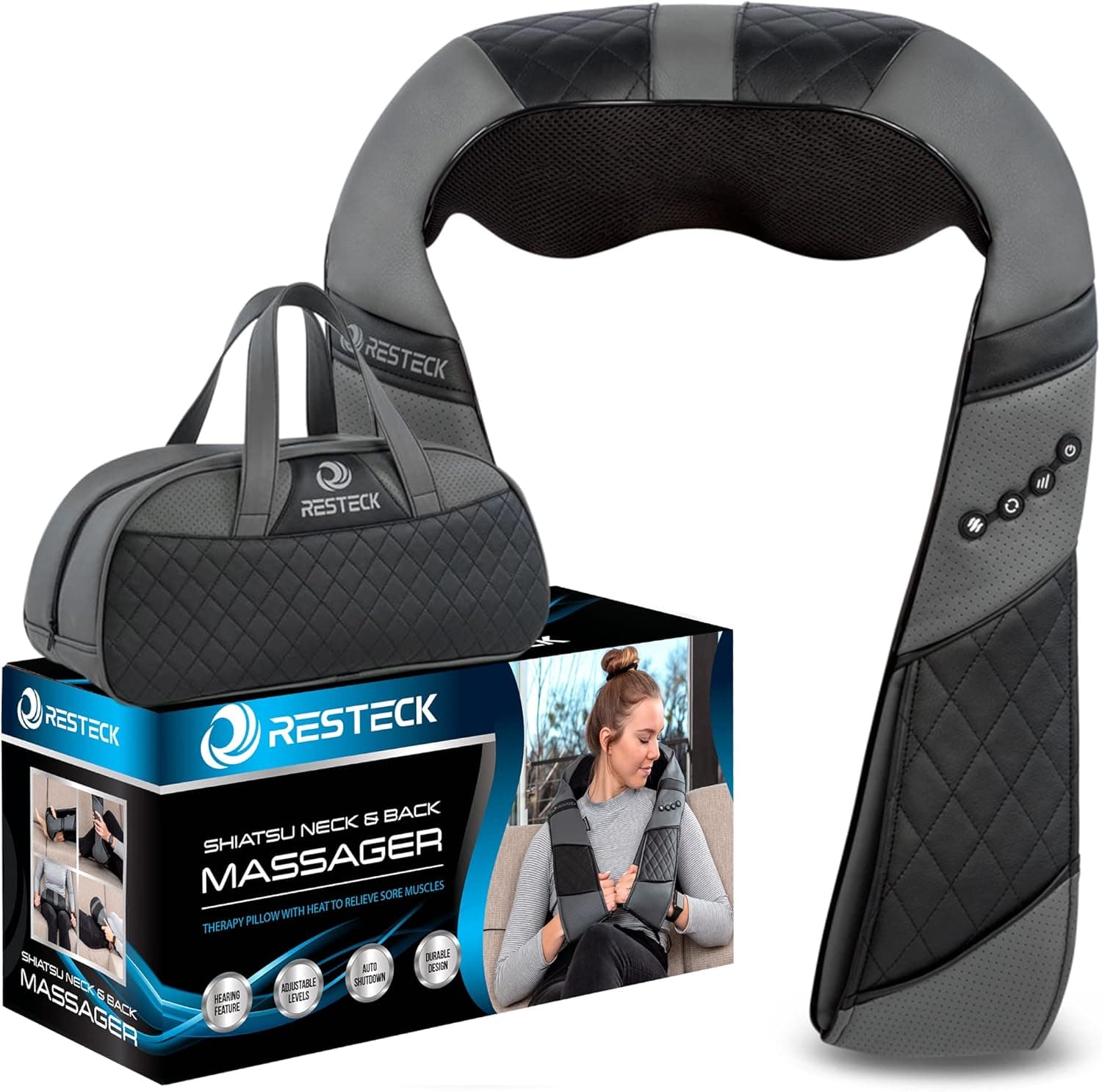 RESTECK Massagers for Neck and Back with Heat - Deep Tissue 3D Kneading Pillow, Electric Shiatsu Shoulder Massage, Foot, Legs,Body - Relieve Muscle Pain - Office, Home & Car Black/Grey