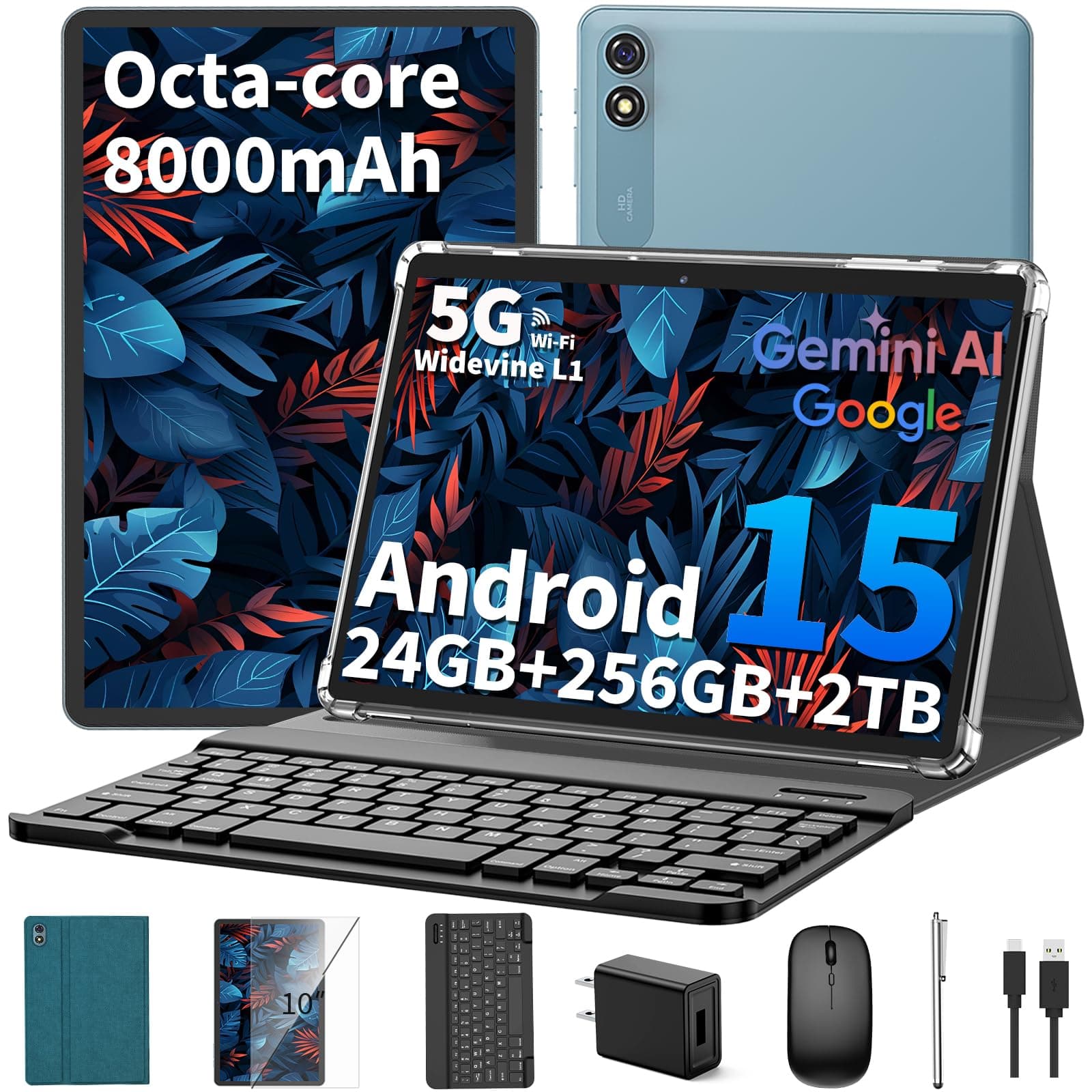 Android 15 Tablet 10 inch, 2025 Tablet with Keyboard, 24GB+256GB+2TB Expand, 2-in-1 Tablets with 8-Core, 5G WiFi, 8000mAh, BT5.0, GMS Certified, with Mouse, Case, Stylus, Split Screen(Green case)