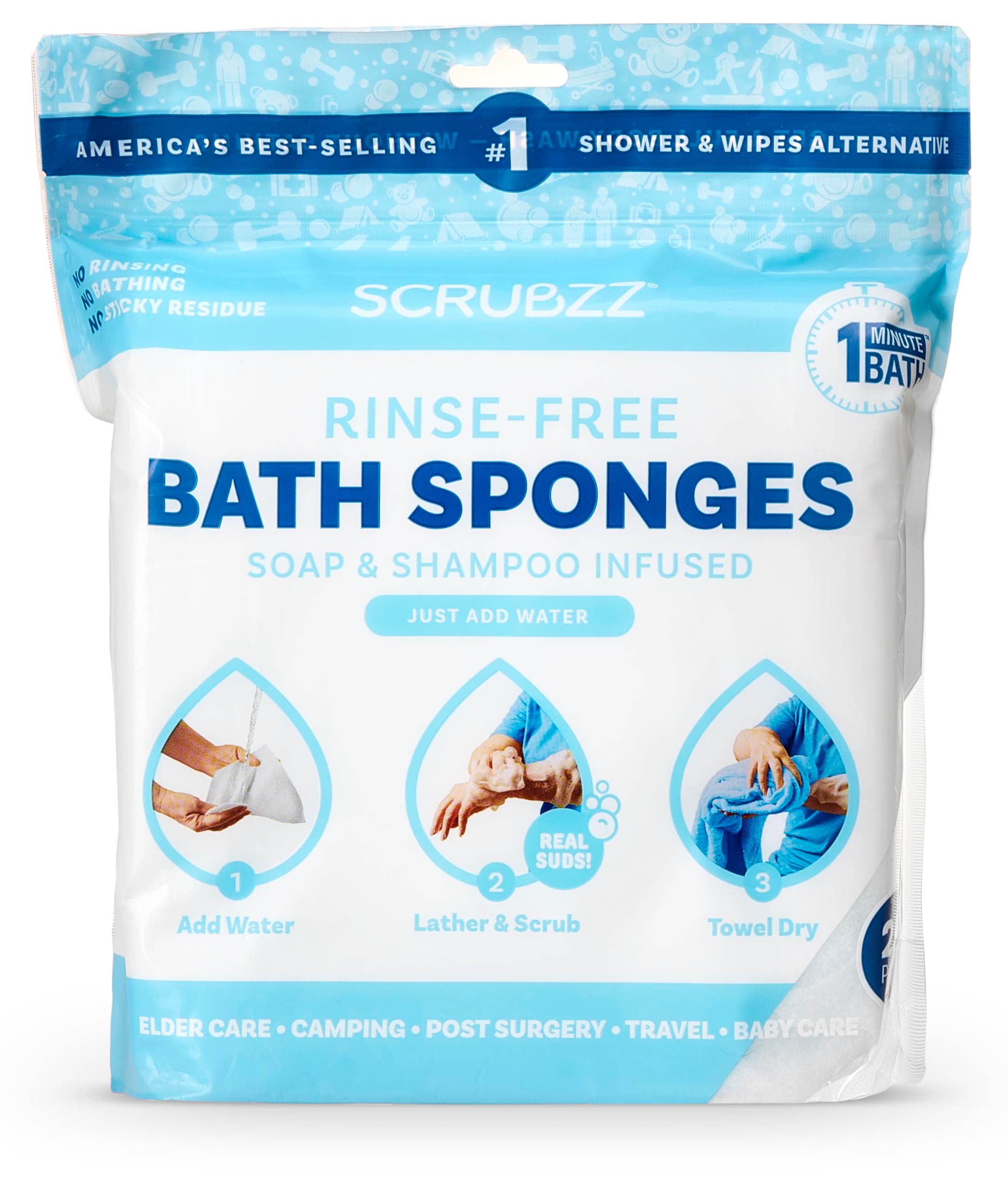 Scrubzz Disposable Rinse Free Bathing Wipes - 25 Pack - All-in-1 Single Use Shower Wipes, Simply Dampen, Lather, and Dry Without Shampoo or Rinsing Unscented 25 Count (Pack of 1)