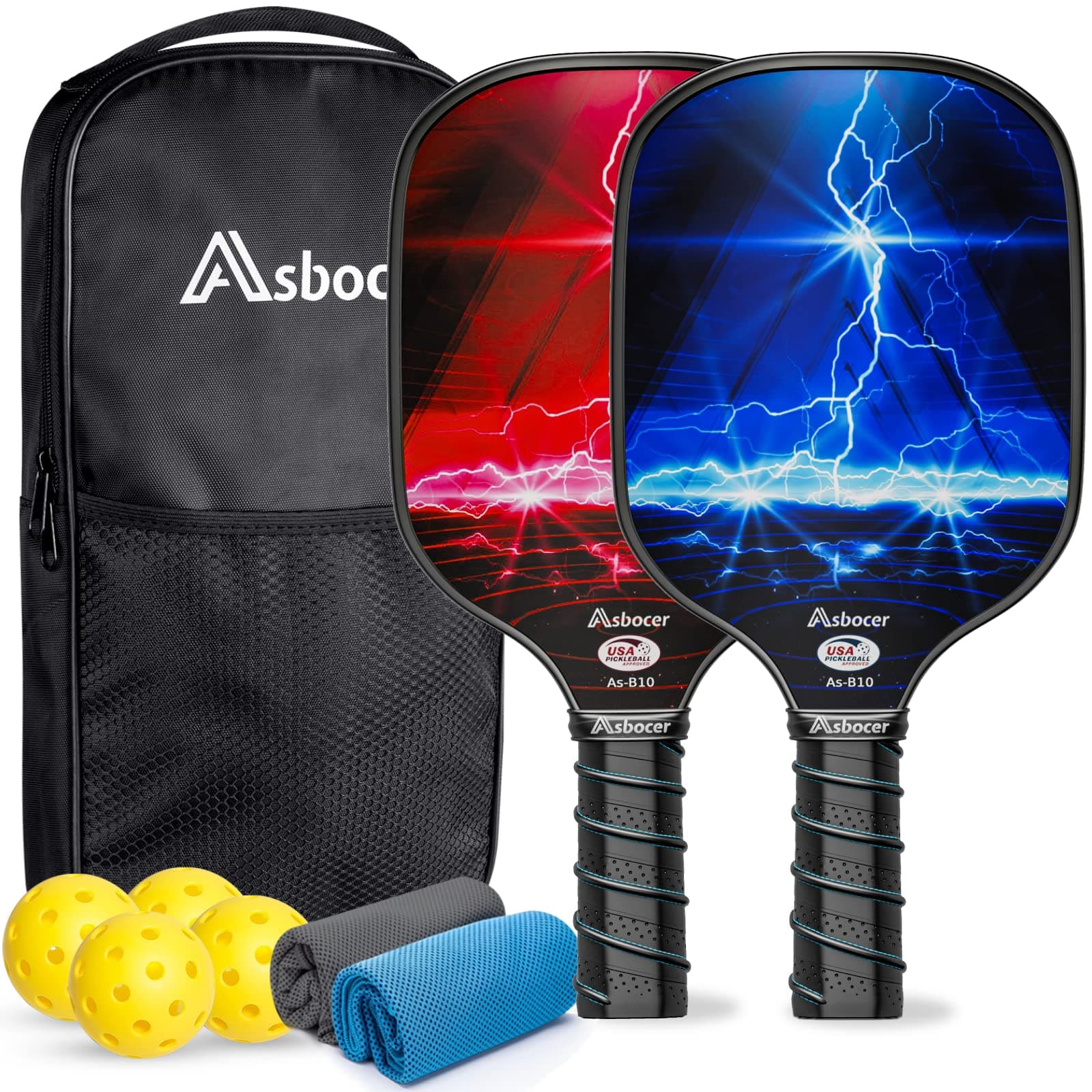 Pickleball Paddles, USAPA Approved Pickleball Paddles Set of 2, Fiberglass Surface Pickleball Set, 4 Pickleball Balls, 2 Cooling Towels, Pickleball Bag, Pickleball Paddle Gifts for Men Women 2 Paddles & 4 Balls & 2 Cooling Towels