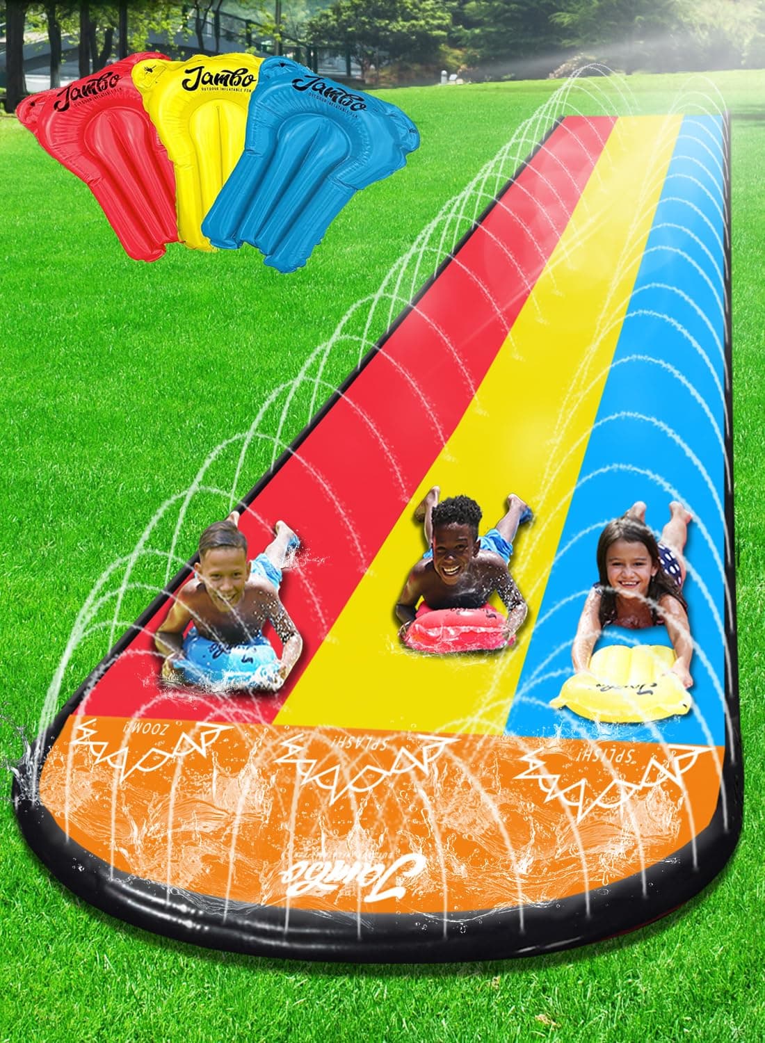 JAMBO Premium Triple Water Slide with 3 Bodyboards, 20Ft Heavy Duty Slip Splash and Slides-Advanced 3-Way Sprinkler System, Splash Pad Mat Backyard Summer Outdoor Water Toys n Long Slides for Kids 20Ft Triple Lane