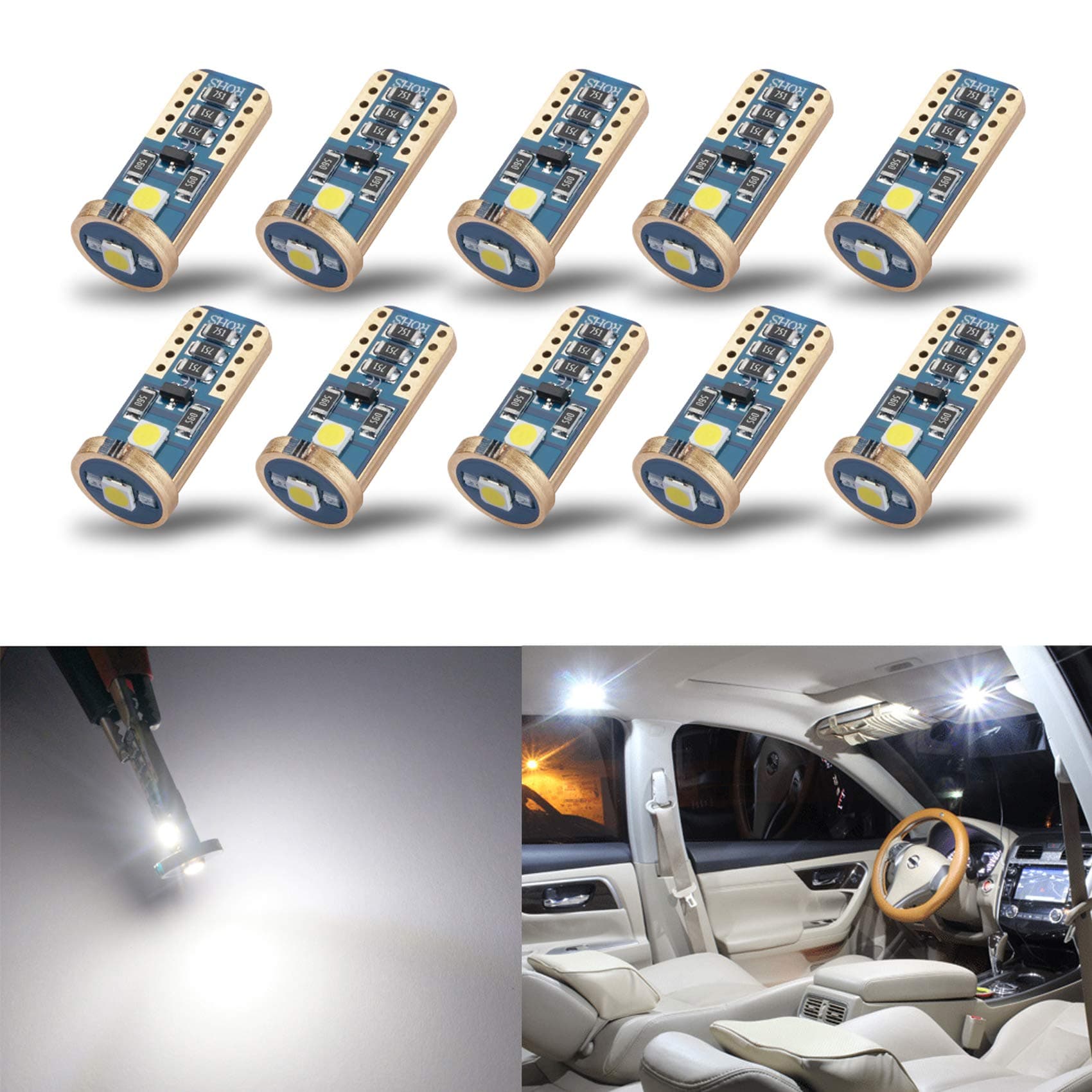 iBrightstar Extremely Bright Wedge T10 168 194 LED Bulbs for Car Interior Dome Map Door Courtesy License Plate Lights, Xenon White