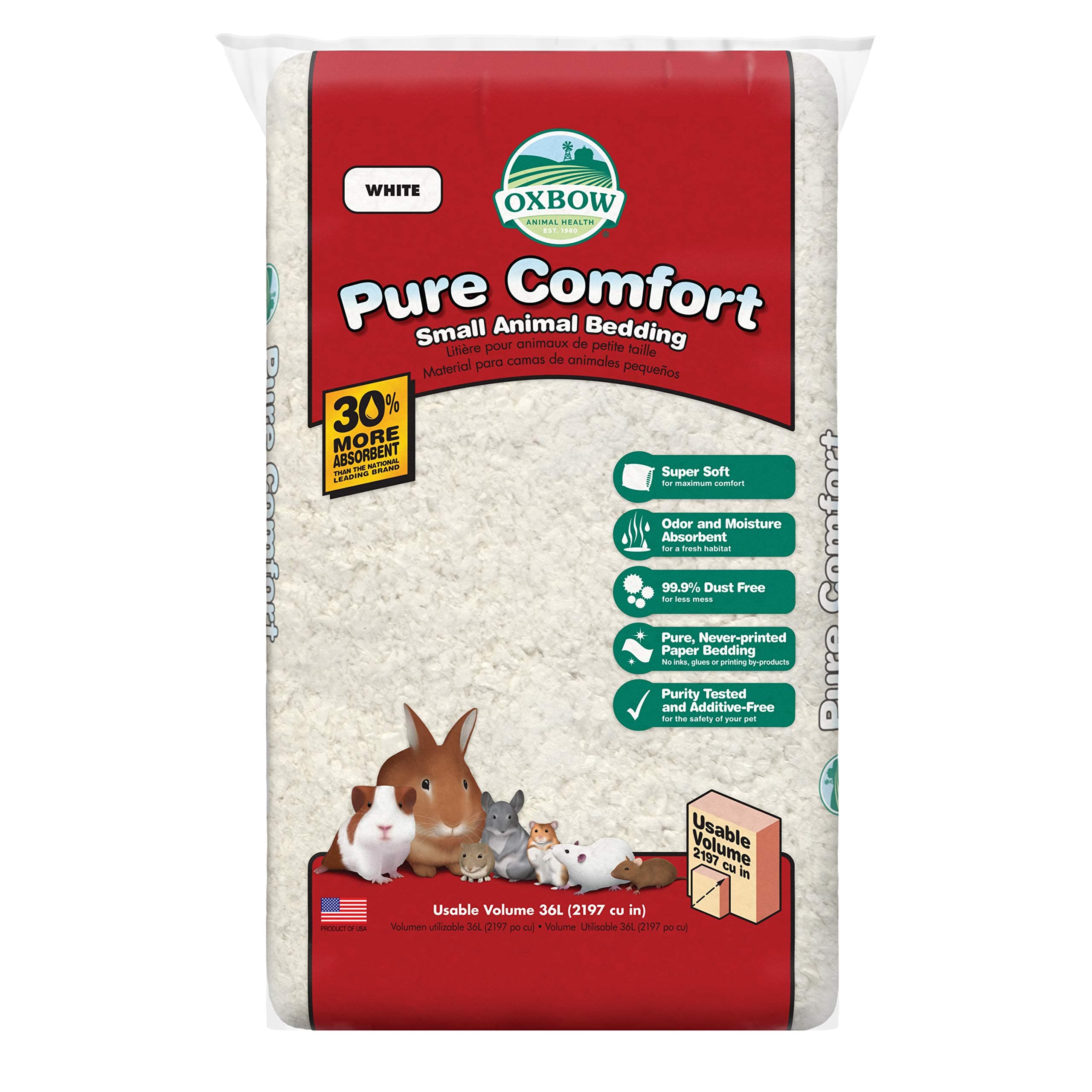 Oxbow Pure Comfort Small Animal Bedding, Odor & Moisture Absorbent Litter for Bunny Litter Box, Low Dust Bedding for Guinea Pig Cage, White Paper, 36 Liter Bag White 36 Liter