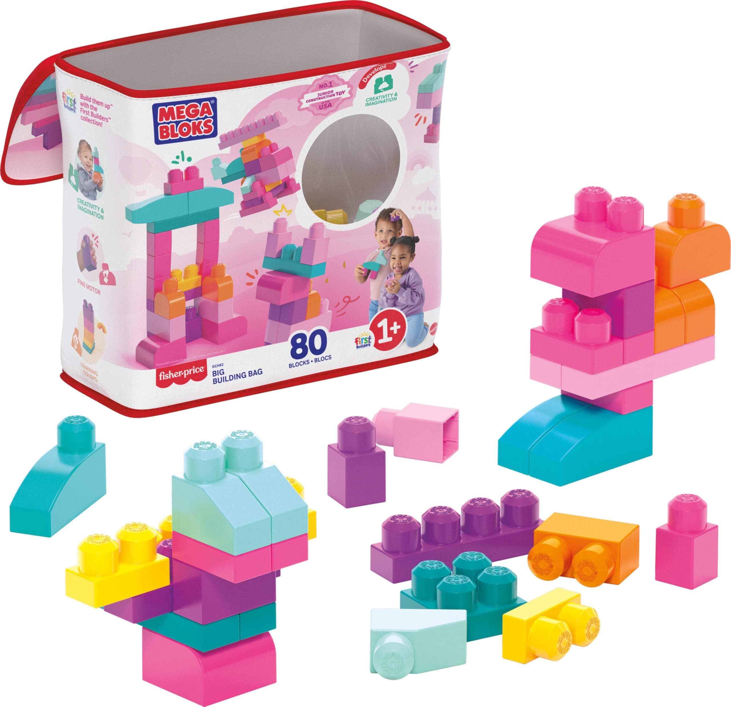 MEGA BLOKS First Builders Toddler Blocks Toys Set, Big Building Bag Collection with 80 Pieces and Storage, Pink, Ages 1+ Years Multicolor