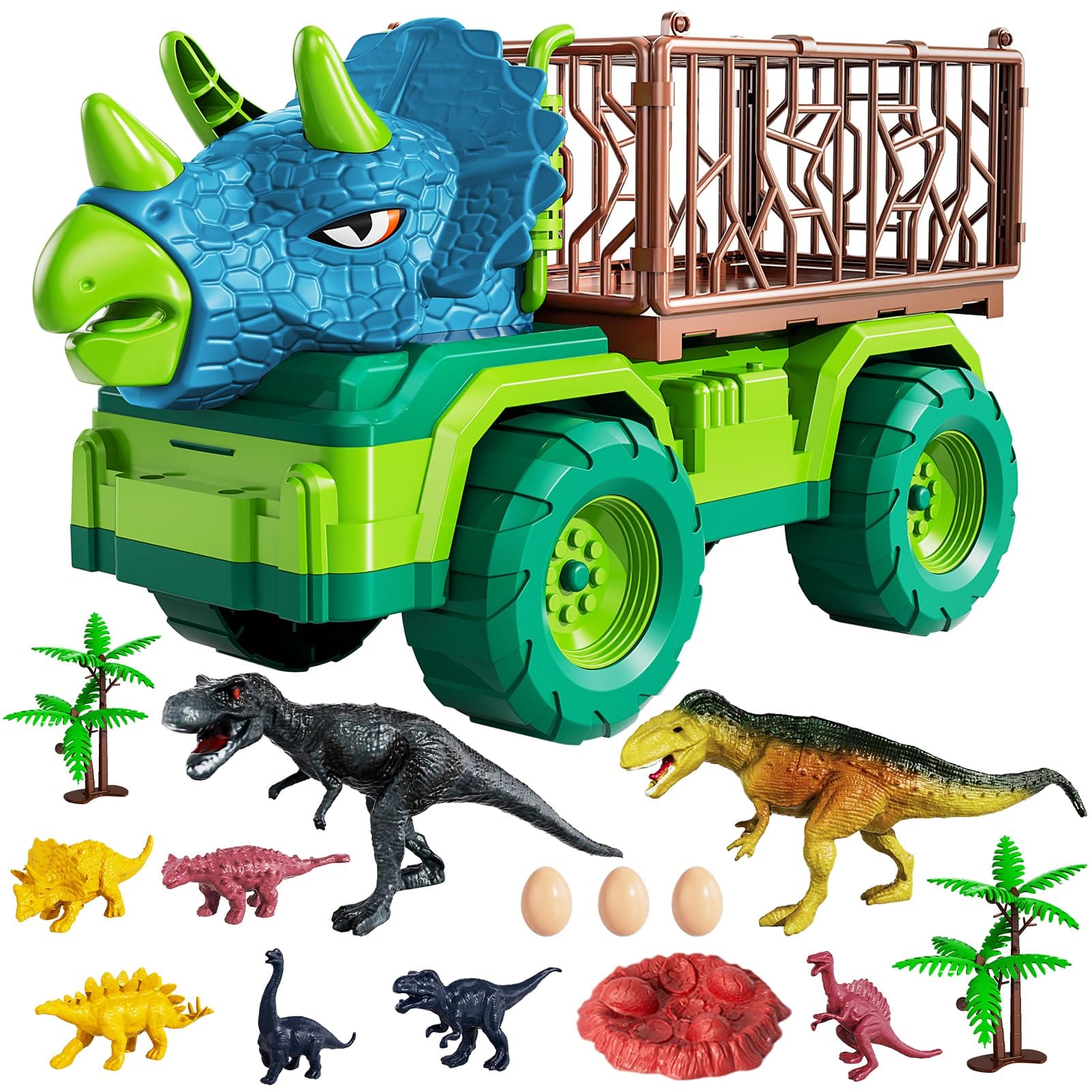TEMI Dinosaur Truck Toy for Kids 3-5 Years, Triceratops Transport Car Carrier with 8 Dino Figures, Activity Play Mat, Dino Eggs and Trees, Capture Jurassic Dinosaurs Play Set for Boys and Girls b.Triceratops Truck