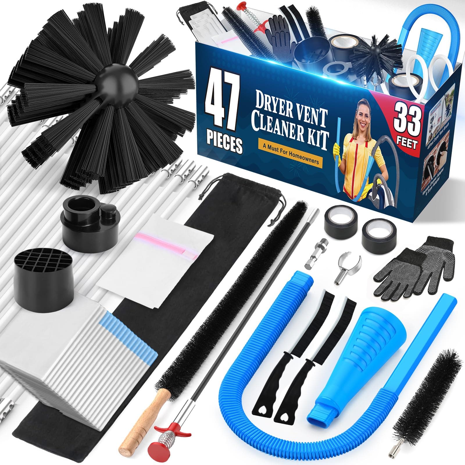 Sealegend 47-Pieces 33-Feet Dryer Vent Cleaner Kit, Dryer Cleaning Tools, Include Omnidirectional Blue Dryer Lint Vacuum Attachment, Dryer Vent Brush, Universal Vacuum & Dryer Adapters 33Feet