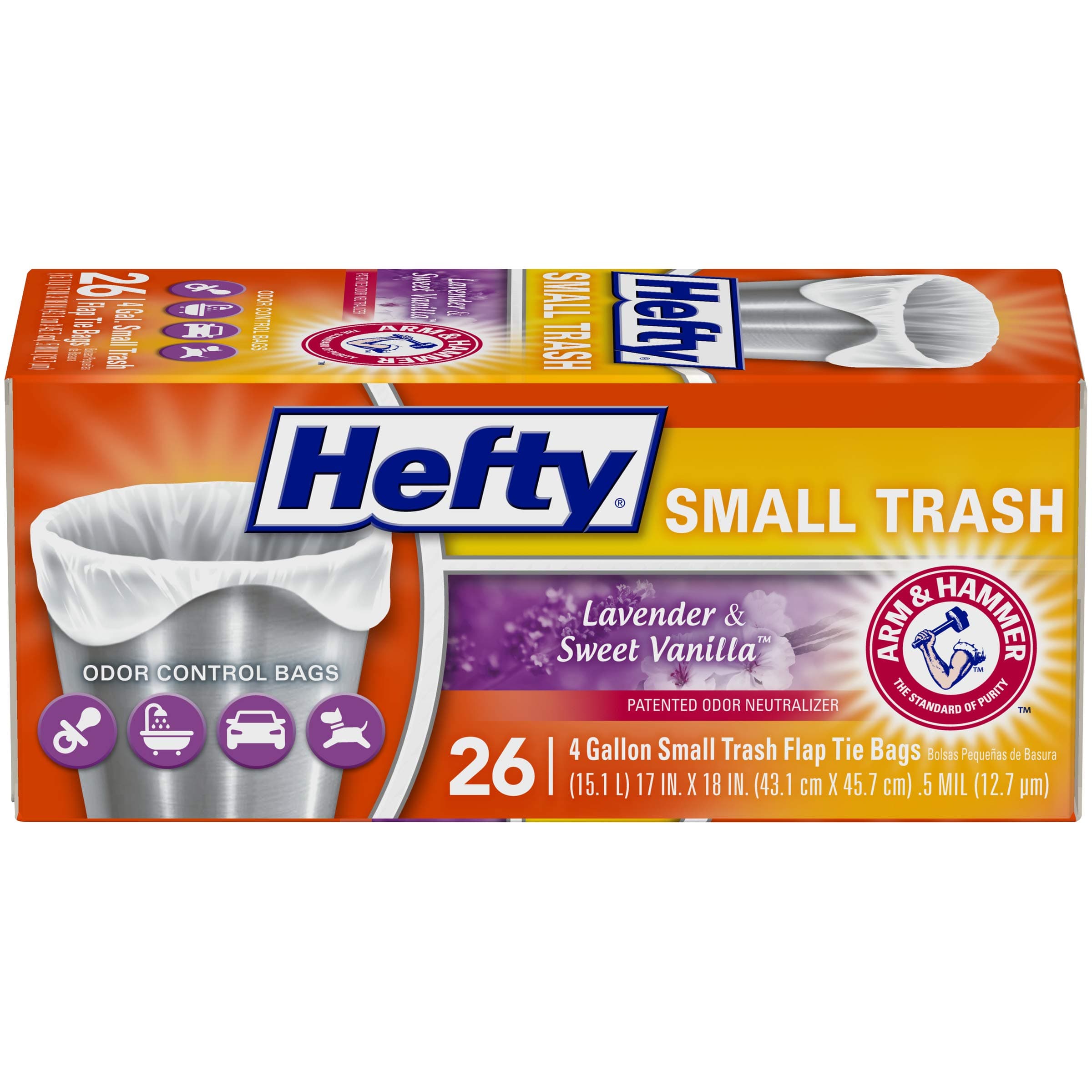 Hefty Small Garbage Bags, Flap Tie, Lavender & Sweet Vanilla Scent, 4 Gallon, 26 Count lavender 26 Count (Pack of 1)