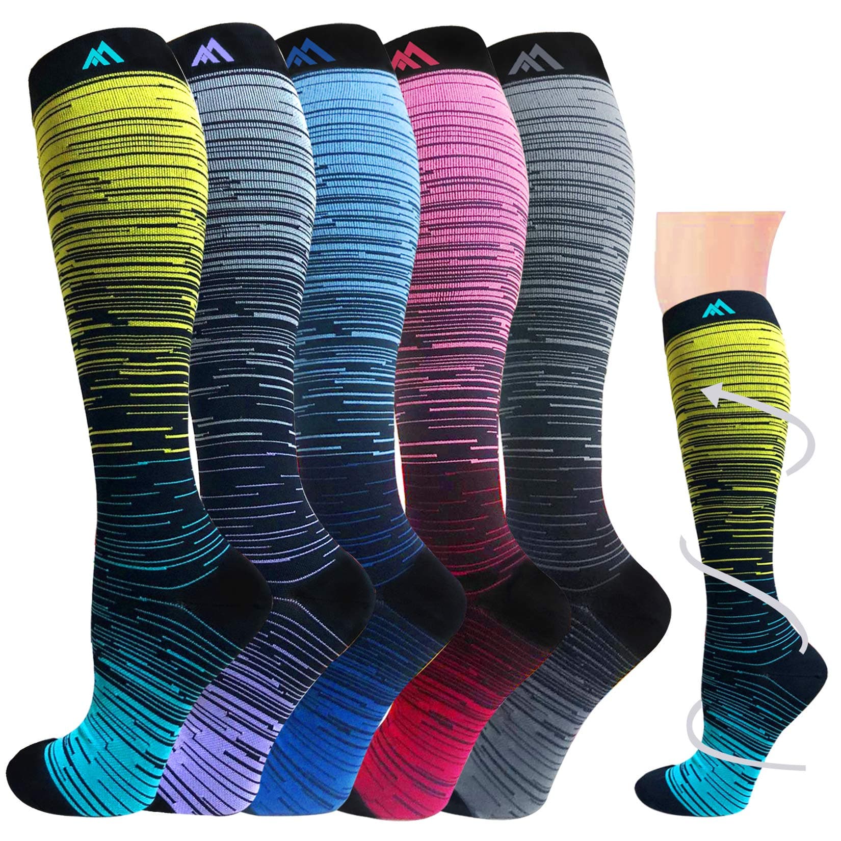 Graduated Compression Socks for Women&Men 20-30mmhg Knee High Socks Travel Hiking Running Stocking Small-Medium 05-5 Pairs Multi Stripe 02