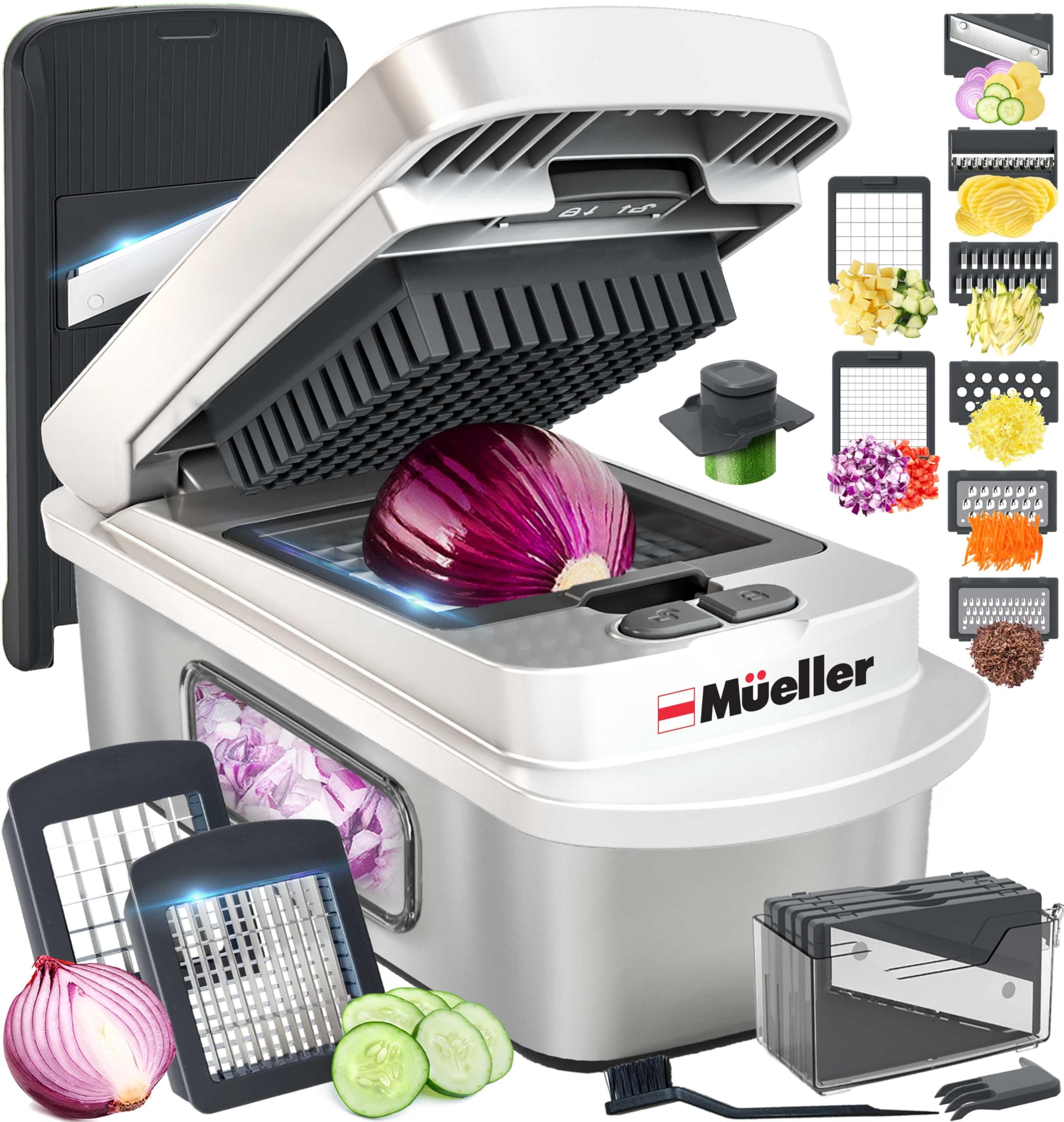 Mueller Pro-Series 10-in-1, 8 Blade Stainless Steel Multi Vegetable Chopper And Mandoline Slicer, Kitchen Accessories and Essentials, Food and Veggie Chopper, Mincer, Dicer, White Sand/Grey 8 Blade Stainless Steel White Sand/Grey