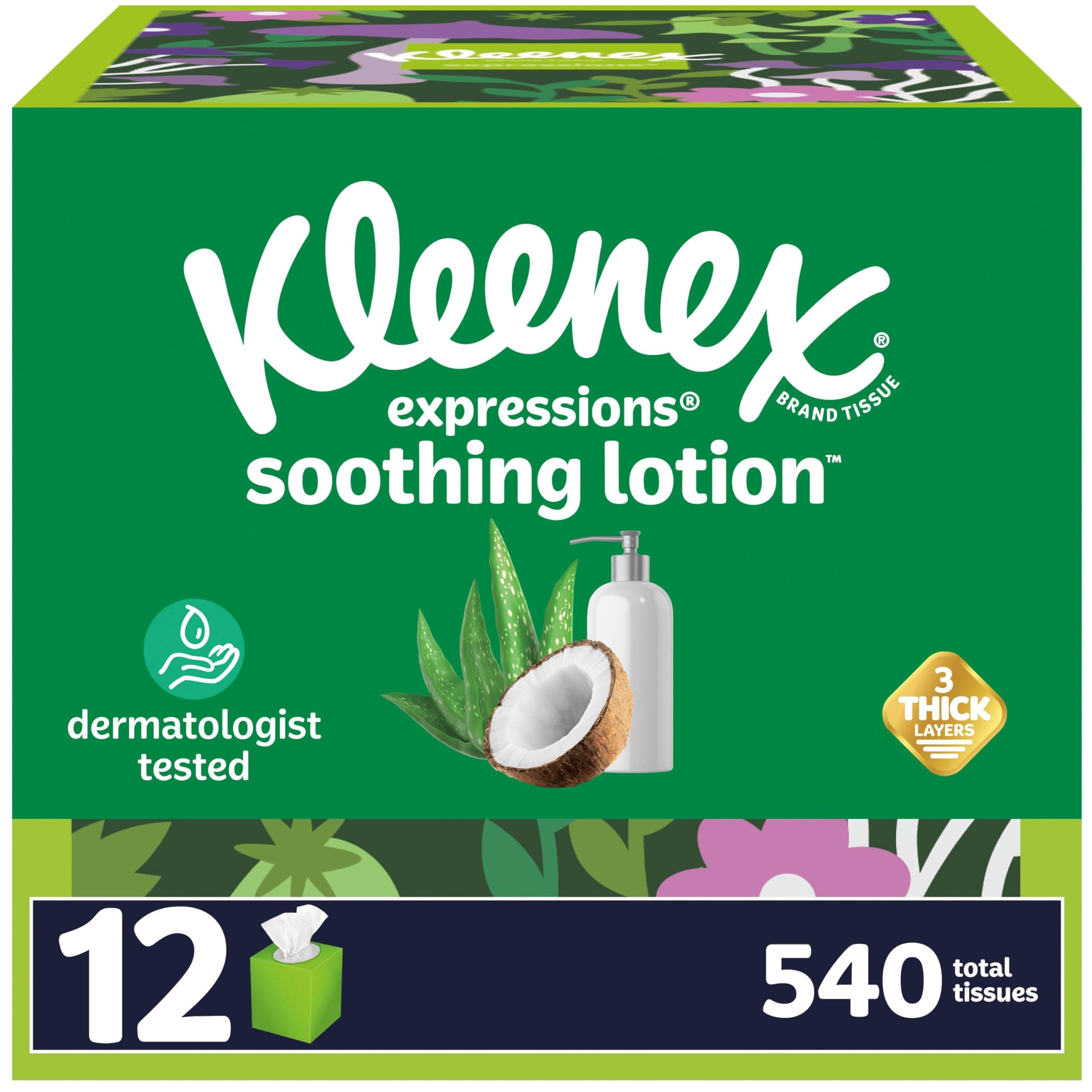 Kleenex Expressions Soothing Lotion Facial Tissues with Coconut Oil, 12 Cube Boxes, 45 Tissues per Box, 3-Ply, Packaging May Vary White 1 Count (Pack of 12)