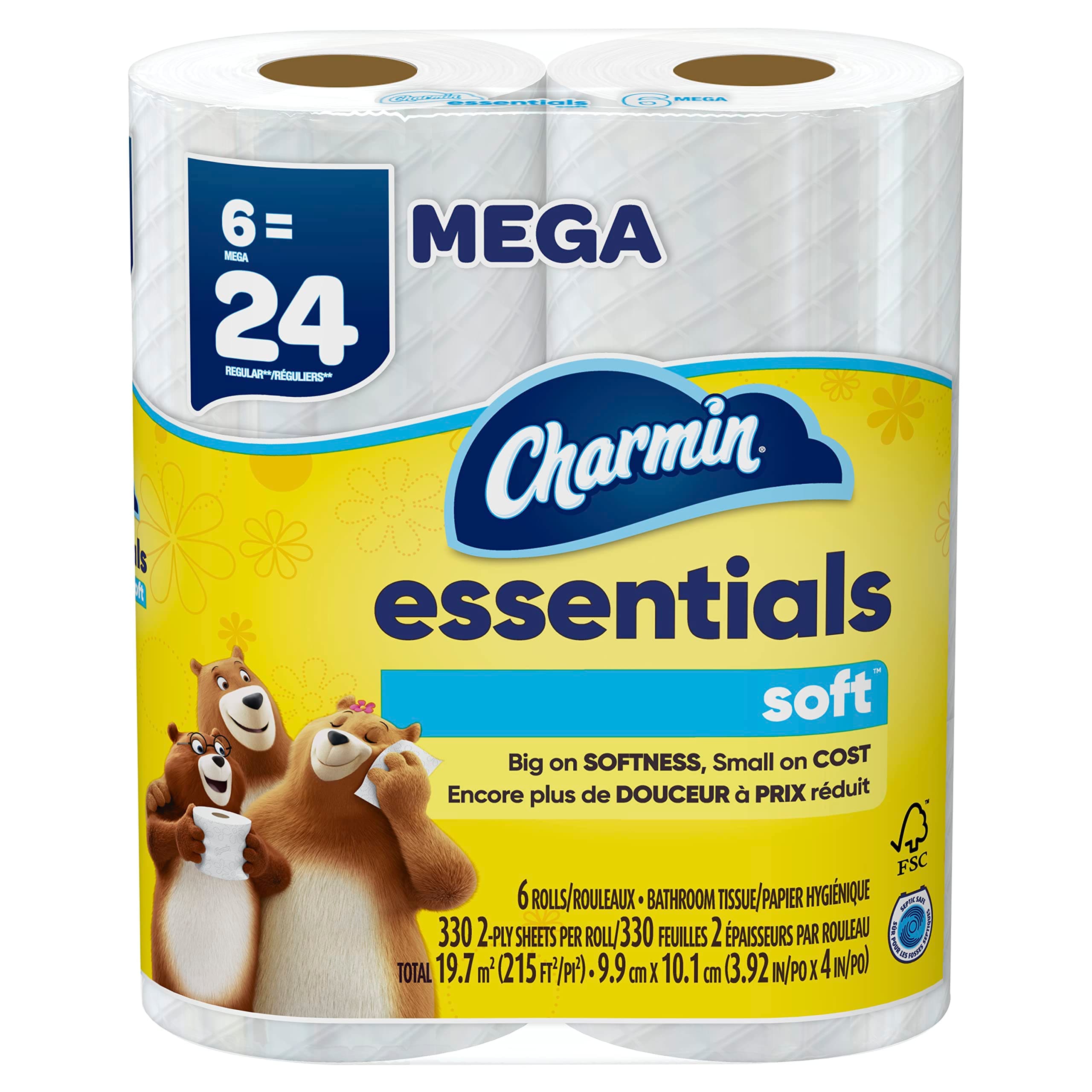Charmin Essentials Soft Toilet Paper 6 Mega Rolls, 330 sheets per roll Mega Roll 330 sheet (Pack of 6)