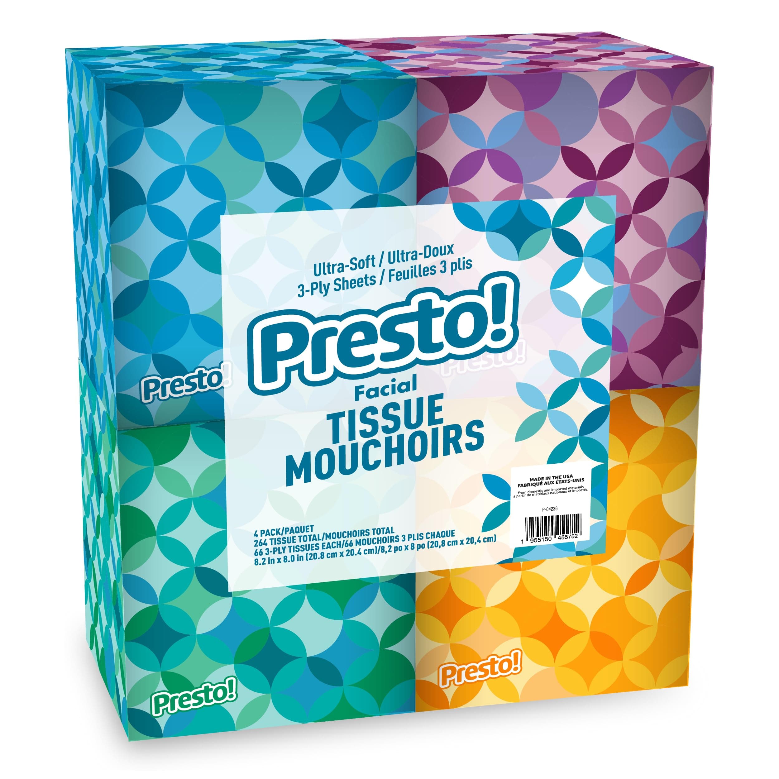 Amazon Brand - Presto! Ultra-Soft 3-Ply Premium Facial Tissues, 264 Count (4 Packs of 66), (Packaging May Vary) 66 Count (Pack of 4)