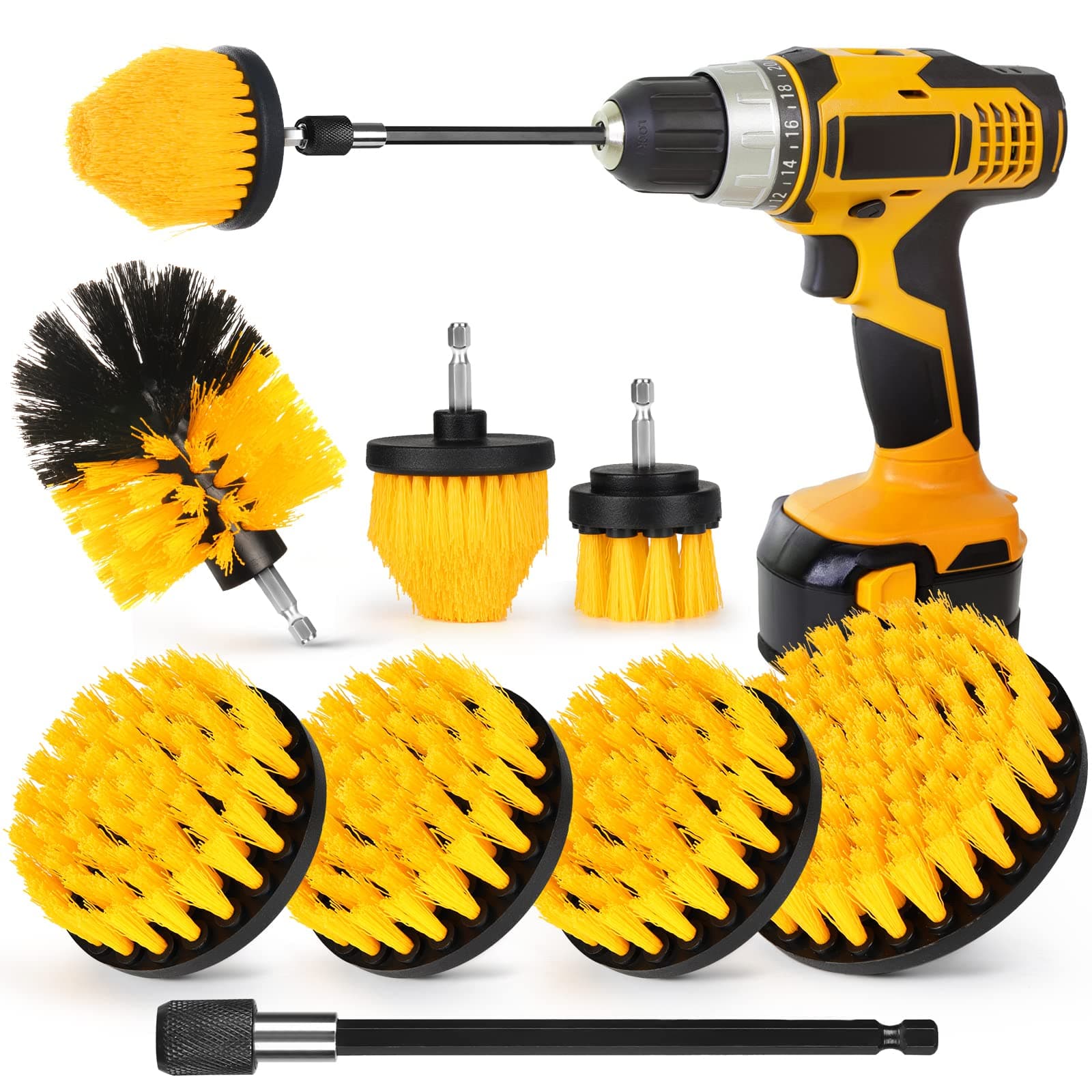 Drill Brush Attachment Set, 7 Pack 1/4in Power Scrubber Brush + Extend Long Rod, Brush Drill Attachment, Power Cleaning Scrub Brush for Bathroom, Tub, Tile, Corner, Floor Yellow