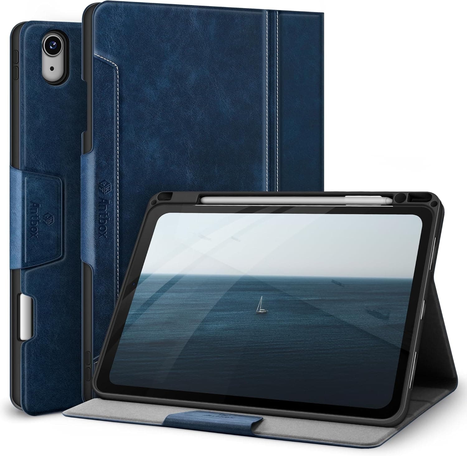 Antbox Case for iPad Air 11-inch M3 (2025) / M2 (2024), iPad Air 5th/4th Generation 10.9'' Vegan Leather with Pencil Holder Typing Angle Auto Sleep/Wake Muti-Stand (Blue)