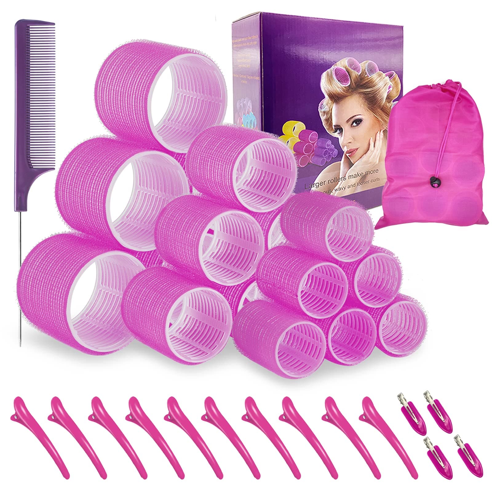 Hair Roller Set - Jumbo Self-Grip Rollers With Clips for Long, Medium, and Short Hair (18 pcs)
