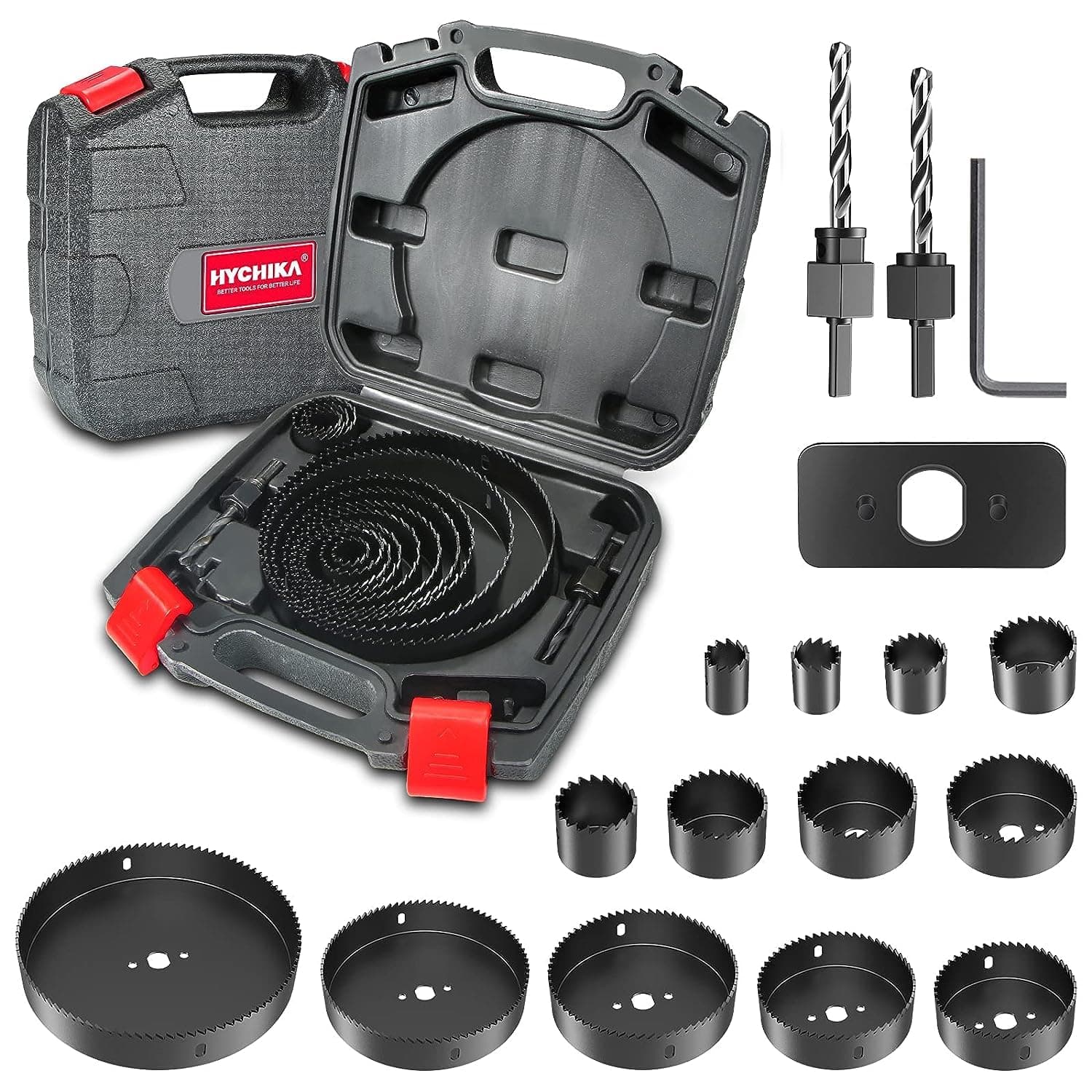 Hole Saw Set HYCHIKA 19 Pcs Hole Saw Kit with 3/4"-6"(19-152mm) 13Pcs Saw Blades, 2 Mandrels, 2 Drill Bits, 1 Installation Plate, 1 Hex Key, Ideal for Soft Wood, Plywood, Drywall, PVC Sturdy,Box