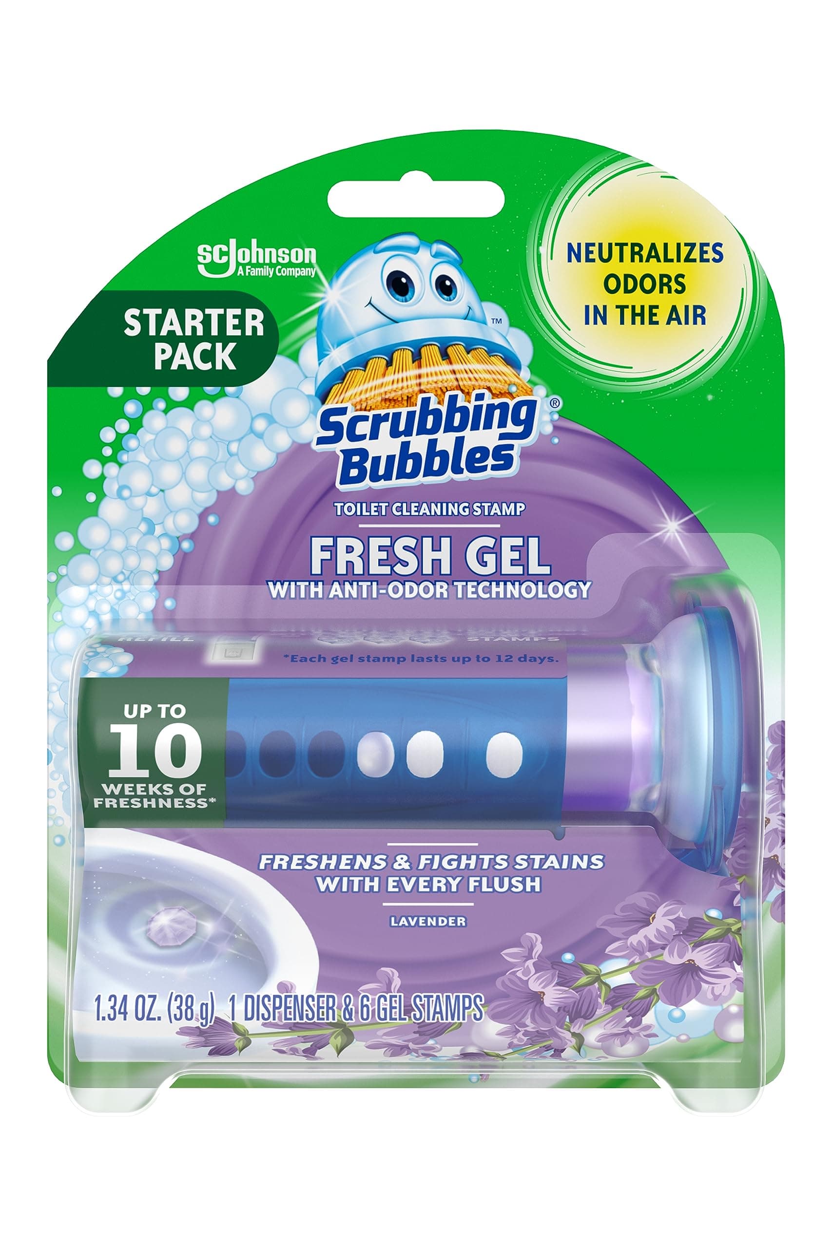 Scrubbing Bubbles Fresh Gel Toilet Bowl Cleaning Stamps, Helps Keep Toilet Clean and Helps Prevent Limescale & Rings, Lavender Scent, 1 Dispenser with 6 Fresh Gel Stamps Lavender 1.34 Ounce (Pack of 1)