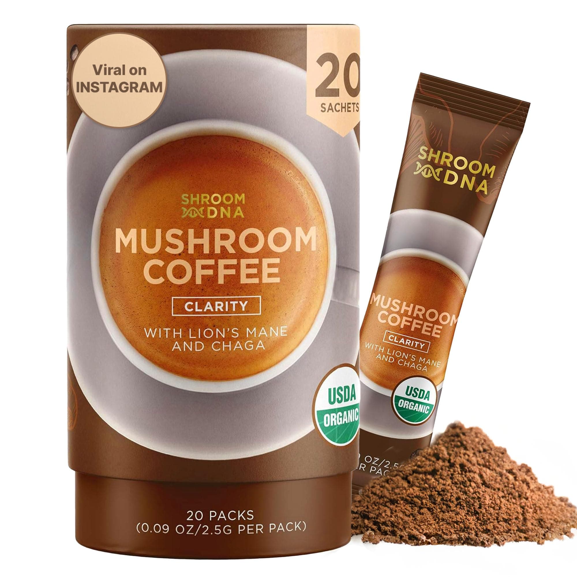 ShroomDNA Mushroom Coffee Blend with Chaga & Lion's Mane | Instant Focus + Clarity All Day | Organic + Vegan + Gluten Free | No Added Sugar | 20 Count 1.8 Ounce (Pack of 1)