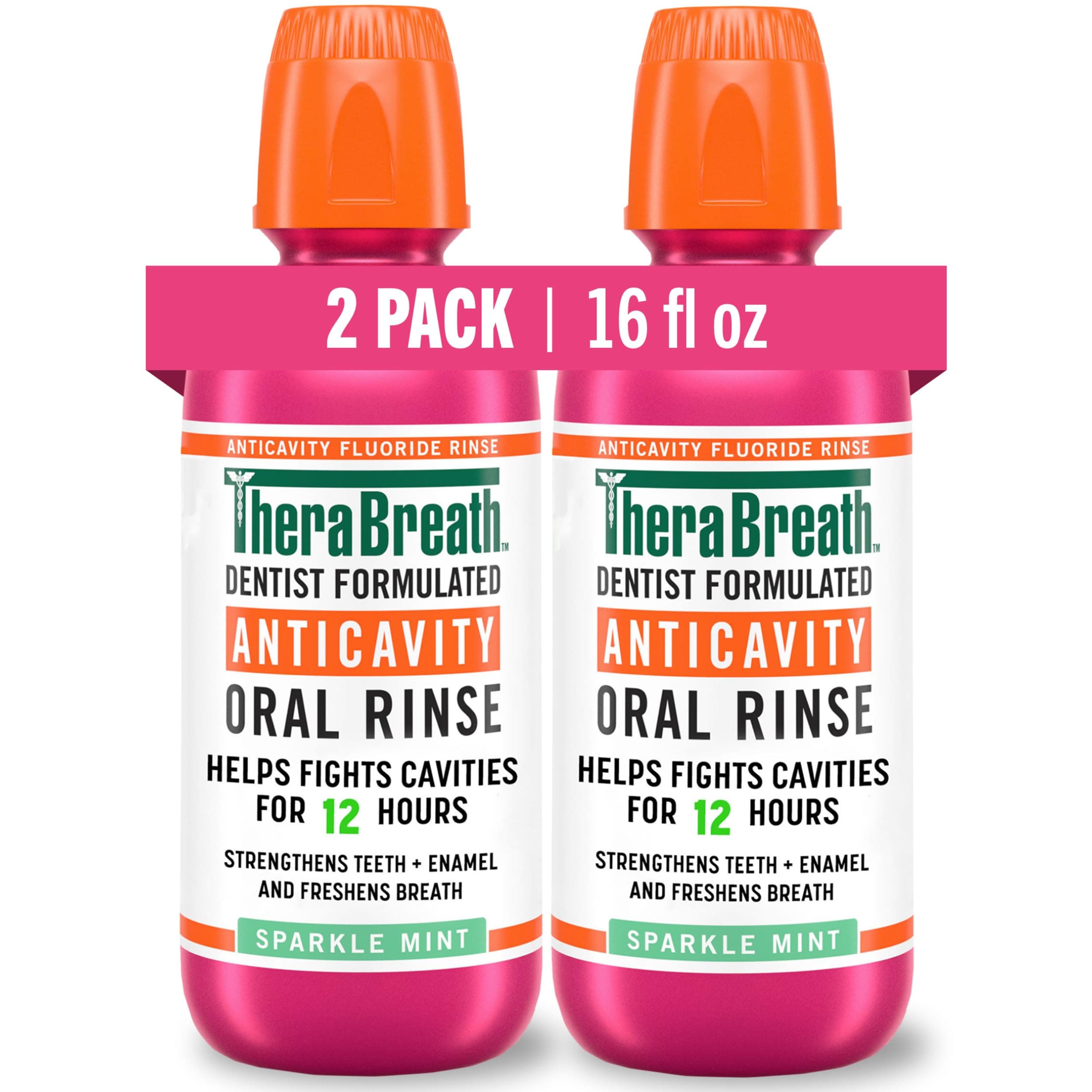 TheraBreath Anticavity Fluoride Oral Rinse Mouthwash, Fights Cavities, Strengthens Enamel and Freshens Breath, Dentist-Formulated, Alcohol-Free, Sparkle Mint Flavor, 16 fl oz, Pack of 2