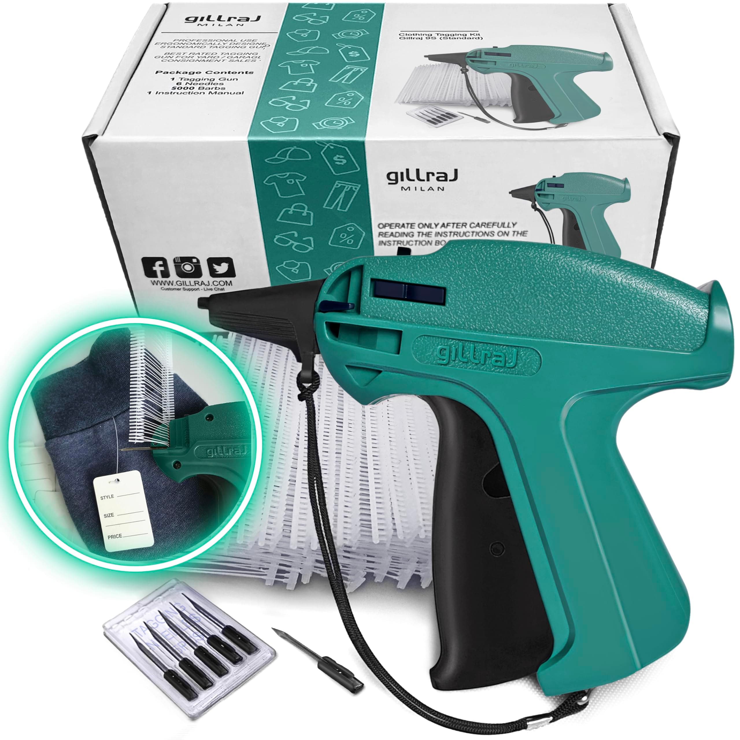 GILLRAJ® Price Tagging Gun【Not-a-Stitch-Gun】 Hangtag Attacher with 5000pcs 2" Long Barbs Fasteners & 6 Needles, Retail Pricing Tag Gun for Stores Consignment Garage Yard Sale Tag Gun Set with 5000 x 2" Pins