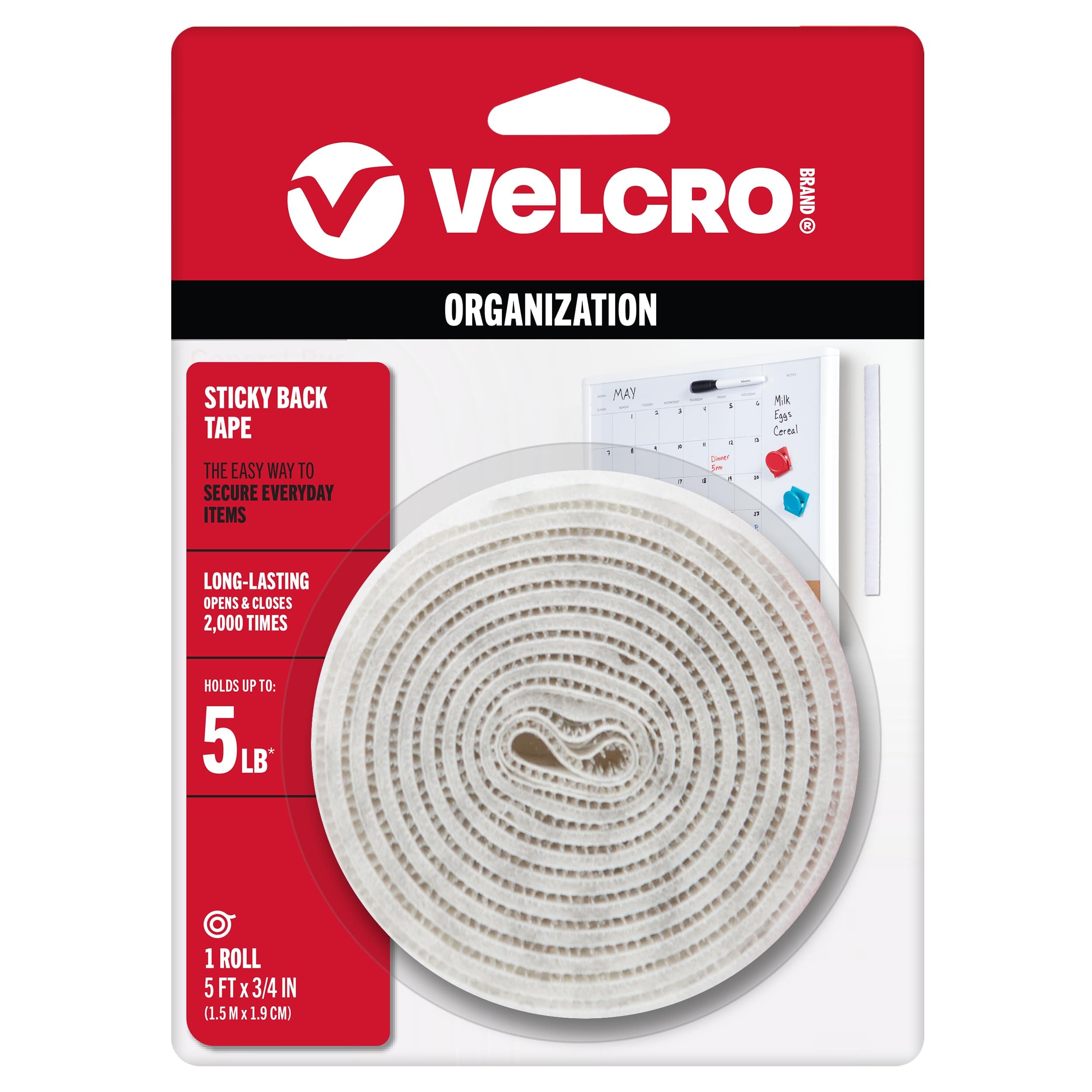 VELCRO Brand 5 Ft x 3/4 In | White Tape Roll with Adhesive | Cut Strips to Length | Sticky Back Hook and Loop Fasteners | Perfect for Home, Office or Classroom Roll White 5 ft x 3/4 in