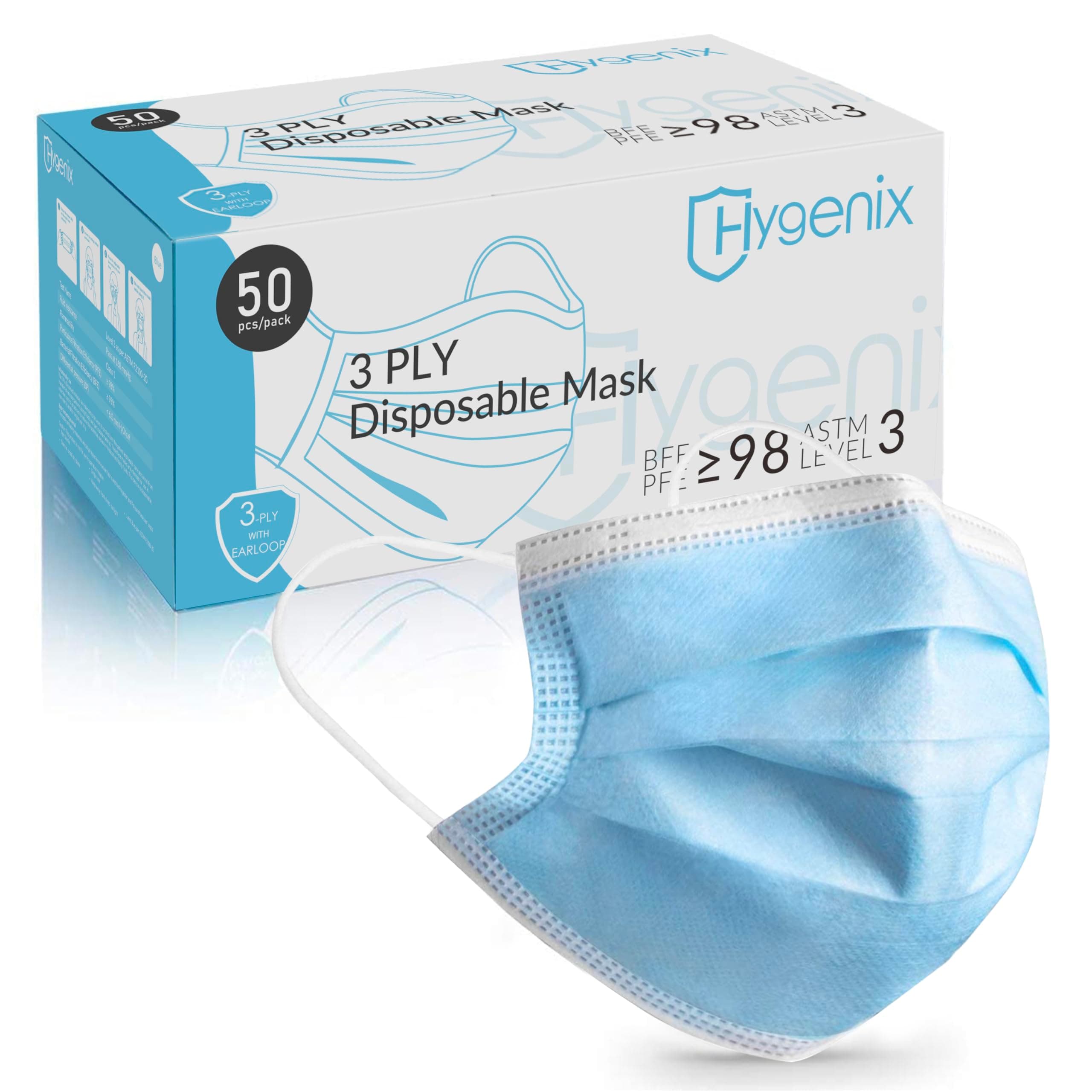 Hygenix Level 3 Procedure 3Ply Disposable Face Masks – ≥98% Filtration, Fluid Resistant, Made in USA (50 Pack) Light Blue