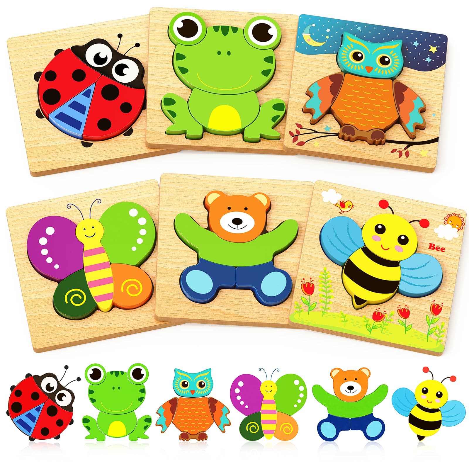Bekayshad Wooden Puzzles Toddler Toys Gifts for 1 2 3 Year Old Boys Girls, Animal Jigsaw Puzzles Montessori Toys, Learning Educational Christmas Birthday Gifts for Girls Boys Ages 1-3 6pcs