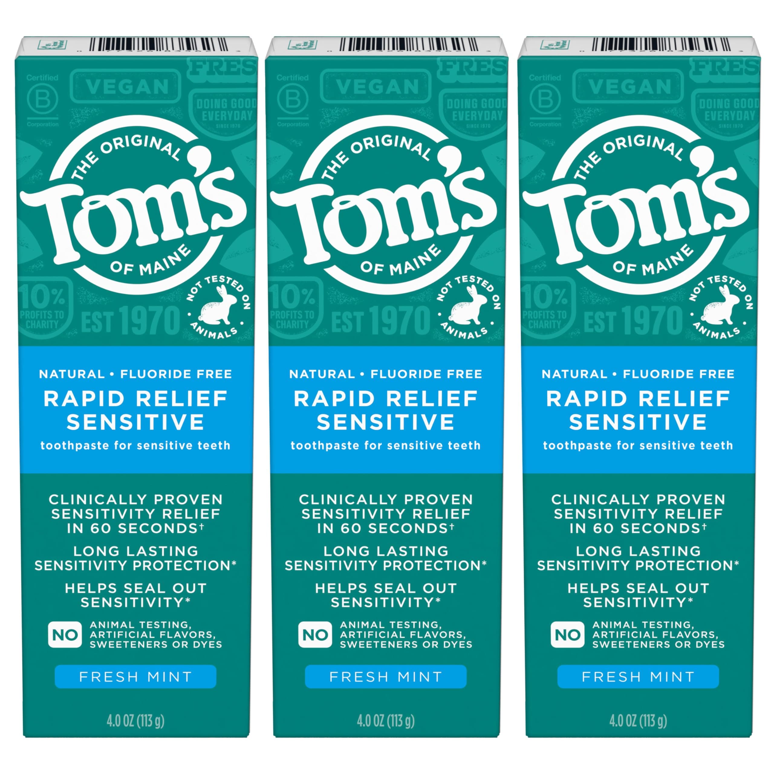 Tom's of Maine Fluoride-Free Rapid Relief Sensitive Toothpaste, Fresh Mint, 4 oz. 3-Pack (Packaging May Vary) 4 Ounce (Pack of 3) Rapid Relief Toothpaste