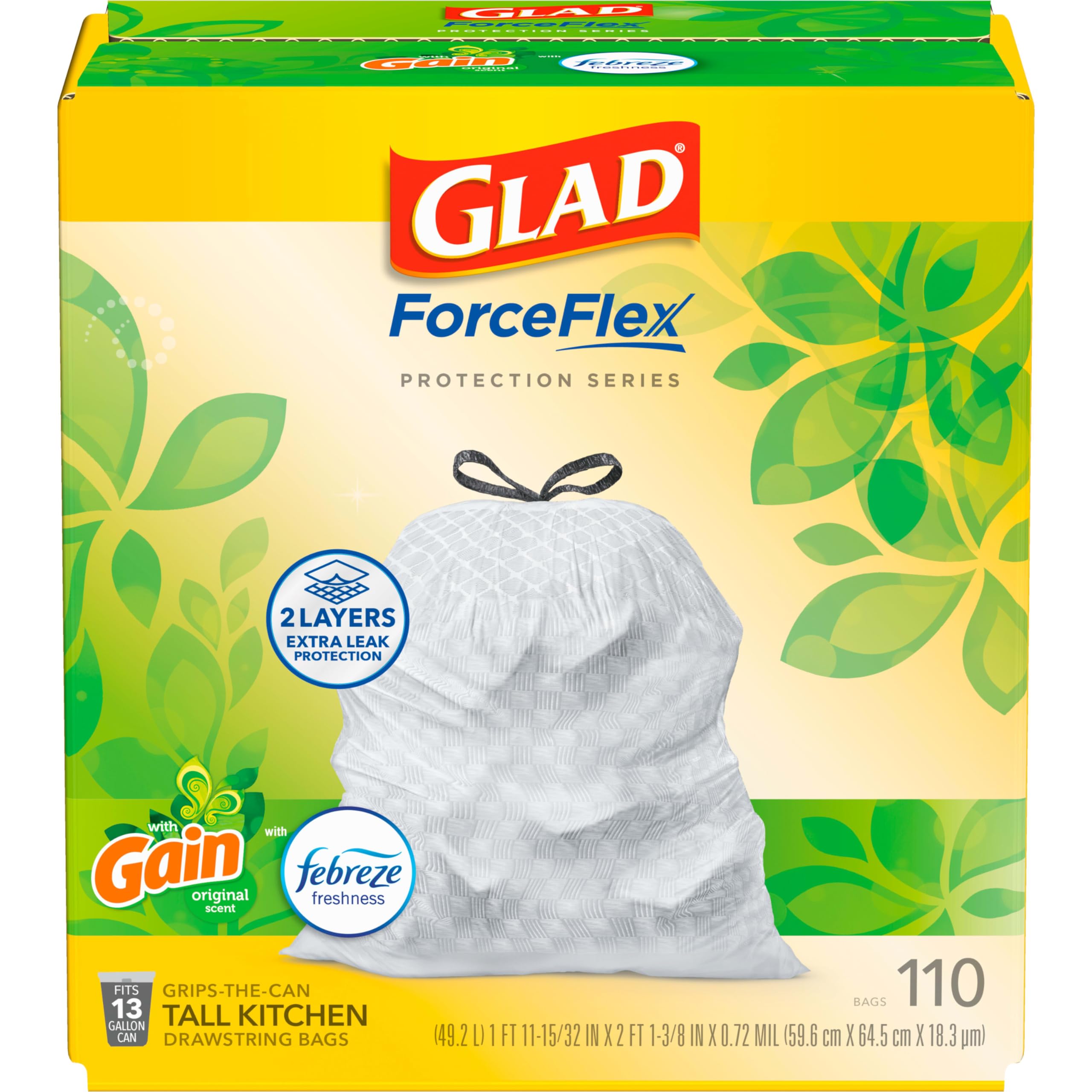 Glad ForceFlex Tall Kitchen Drawstring Trash Bags, 13 Gal, Gain Original, 110 Ct, Pack May Vary 110 Count (Pack of 1) ForceFlex Protection Series