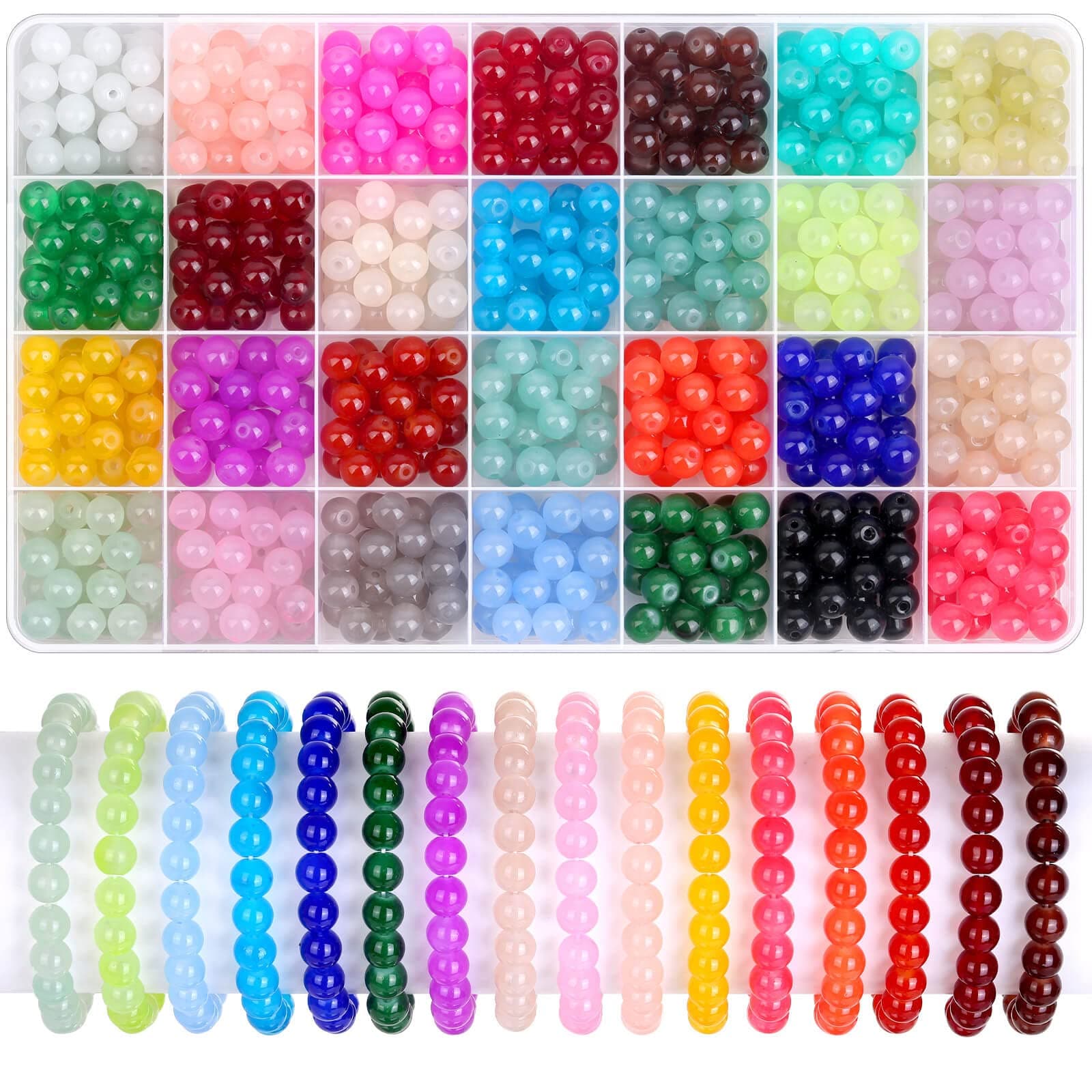 shynek 700 Pieces Glass Beads for Jewelry Making, 28 Colors 8mm Crystal Beads for Bracelets and DIY Crafts 28 Pure Colors 8mm