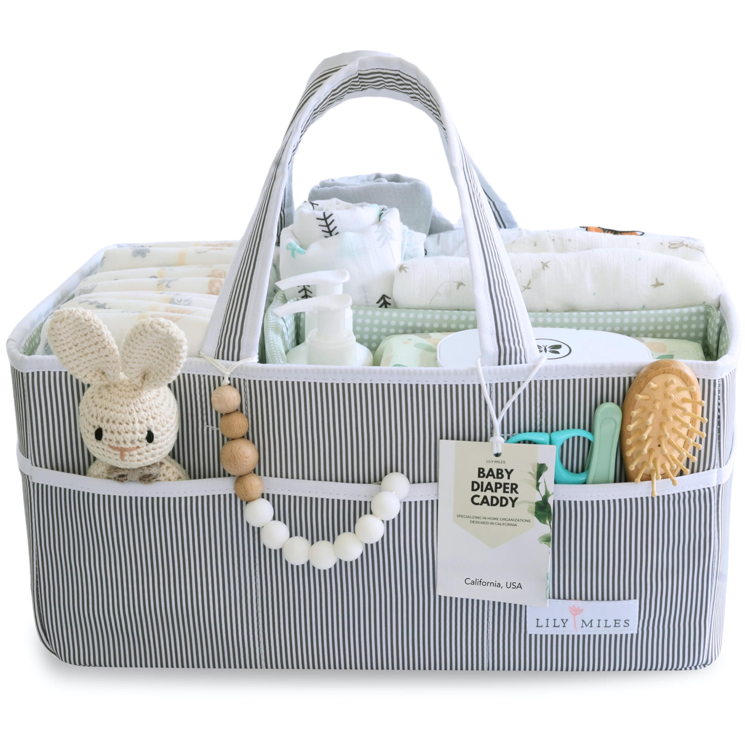 Lily Miles Baby Diaper Caddy Organizer - Large Tote Bag for Newborn essentials Boy or Girl - Baby Shower Basket - Nursery Must Haves - Registry Favorites - Newborn Caddie Car Travel Gray/Mint Large