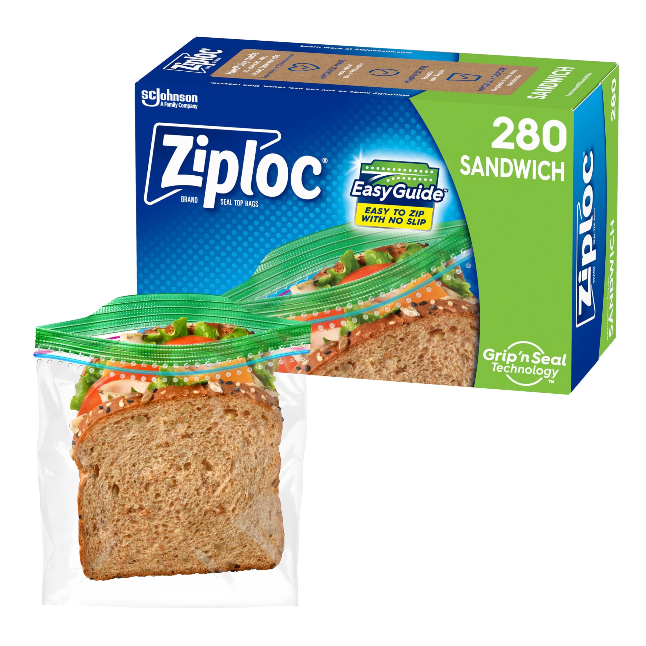 Ziploc Sandwich and Snack Bags with EasyGuide Texture, Plastic Storage Bags with Grip 'n Seal Technology, 280 Bags Total 280 Count