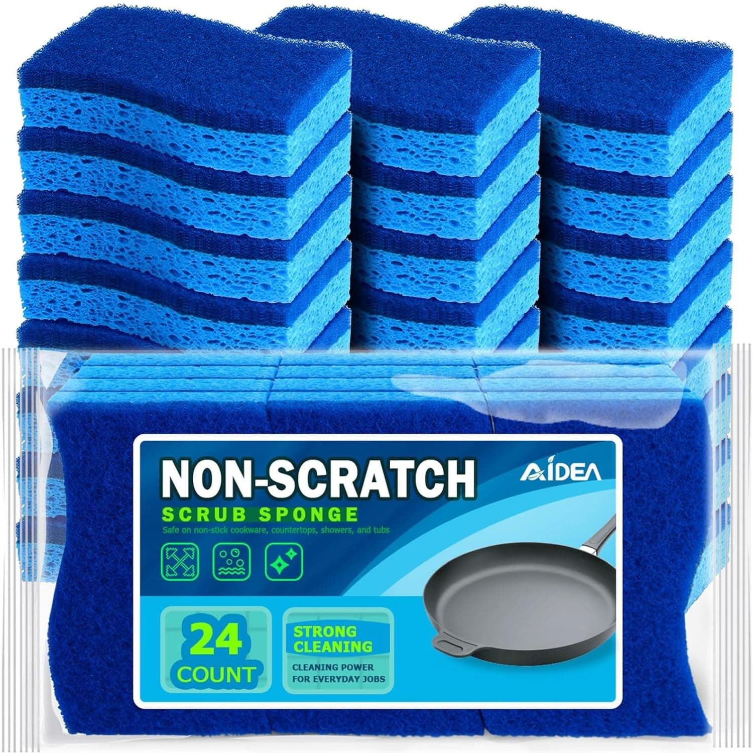 AIDEA Non Scratch Scrub Sponge, 24Count, Sponges for Dishes, Sponges Kitchen, Cleaning Sponge, Cleans Fast Without Scratching, Stands Up to Stuck-on Grime, Cleaning Power for Everyday Jobs Blue 24