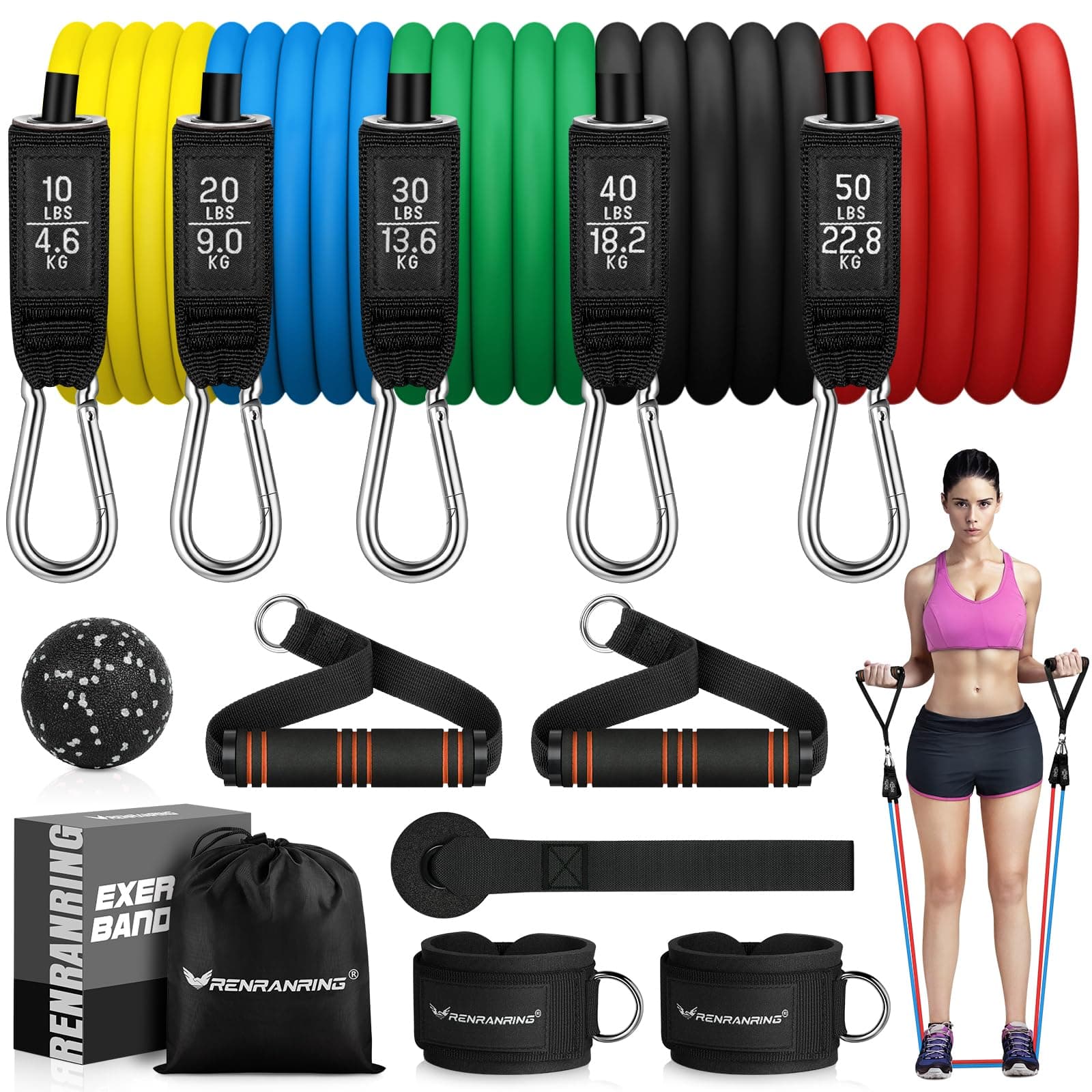 RENRANRING Resistance Bands for Working Out, 150LBS Exercise Bands, Workout Bands, Resistance Bands Set with Handles for Men Women, Legs Ankle Straps for Muscle Training Light pink, Pink, Green, Grey, Black 51.0 inch