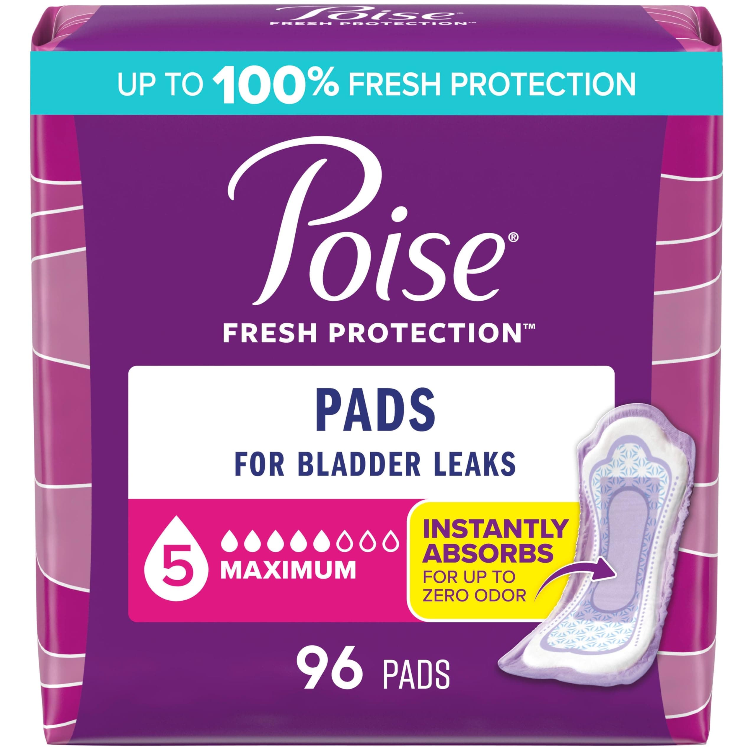 Poise Incontinence & Postpartum Pads for Bladder Leaks, 5 Drop Maximum Absorbency, Regular Length, 96 Count, Packaging May Vary