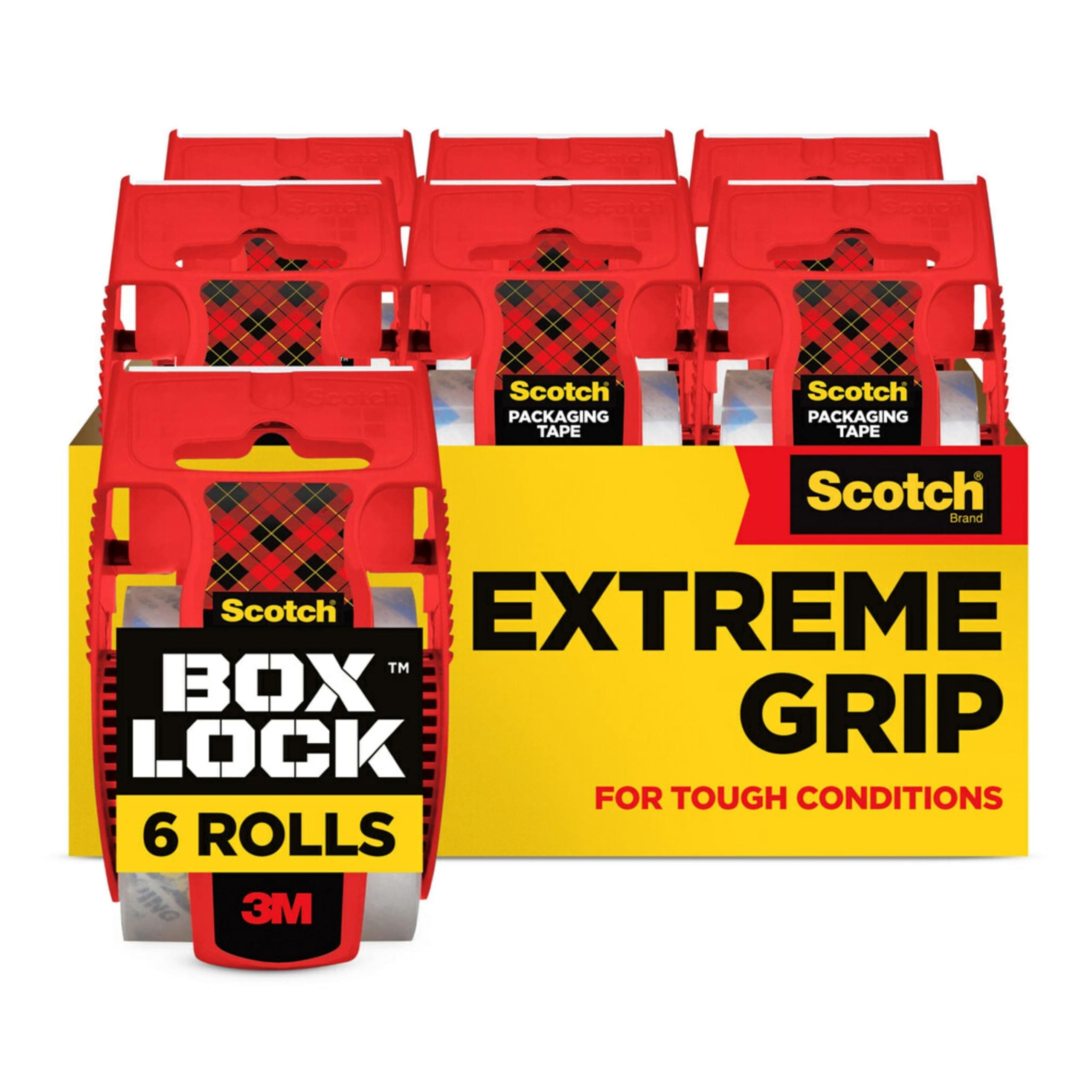 Scotch Box Lock Packing Tape, Clear Packaging Tape, Extreme Grip Box Tape for Holiday Shipping, 1.88 in. x 22.2 yd., 6 Tape Rolls with Dispensers 6 Rolls
